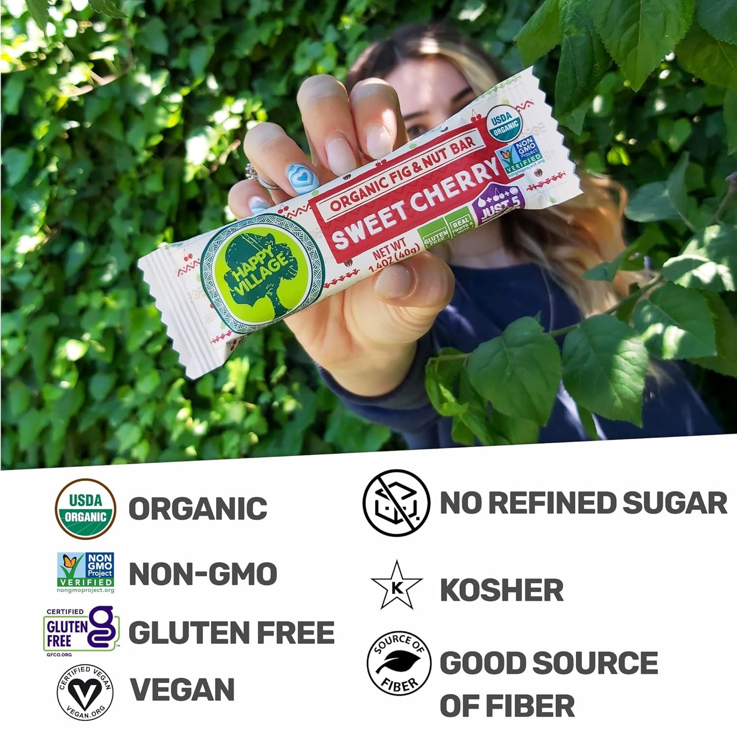 Happy Village Organic Fruit & Nut Bar, SWEET CHERRY | Gluten Free, No Refined Sugar, Kosher, Non-GMO, Vegan, Good Source of Fiber | Organic Healthy Snack Bars (16 bars, 1.4 OZ each)