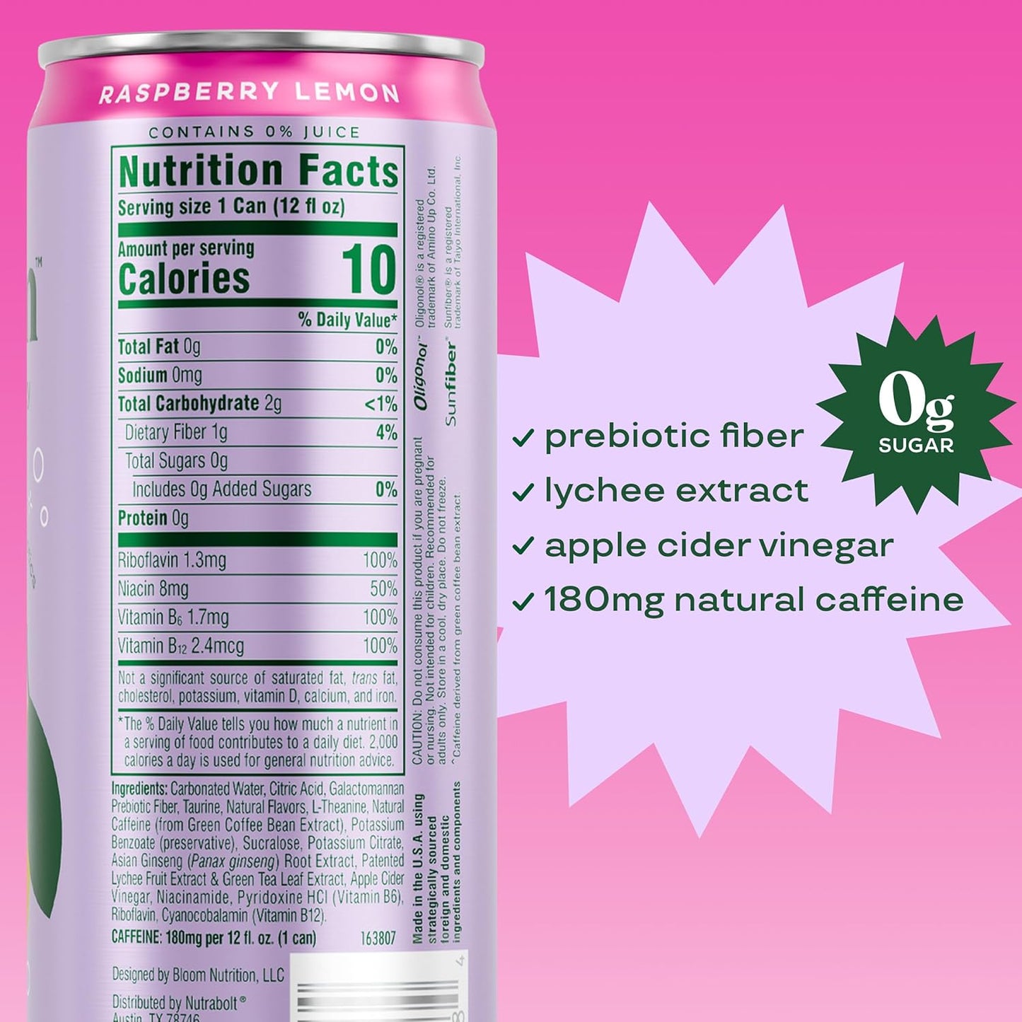 Bloom Nutrition Sparkling Energy Drink for Focus, Natural Caffeine, Zero Sugar, 180mg Caffeine, Antioxidant-Rich with Green Coffee Bean, Green Tea Extract, & Prebiotics, Raspberry Lemon 12oz 24 Pack
