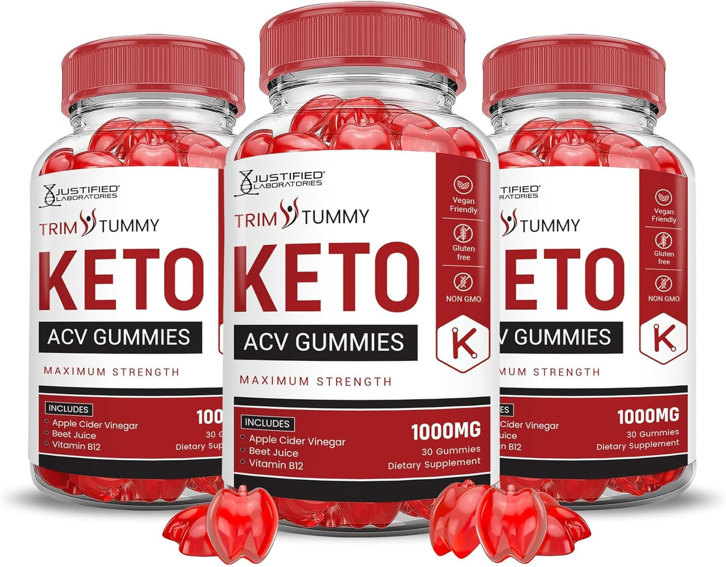 Justified Laboratories (3 Pack Trim Tummy Keto ACV Apple Cider Vinegar Formulated with Pomegranate Beet Juice Powder B12 Vegan Non GMO 180 Gummies