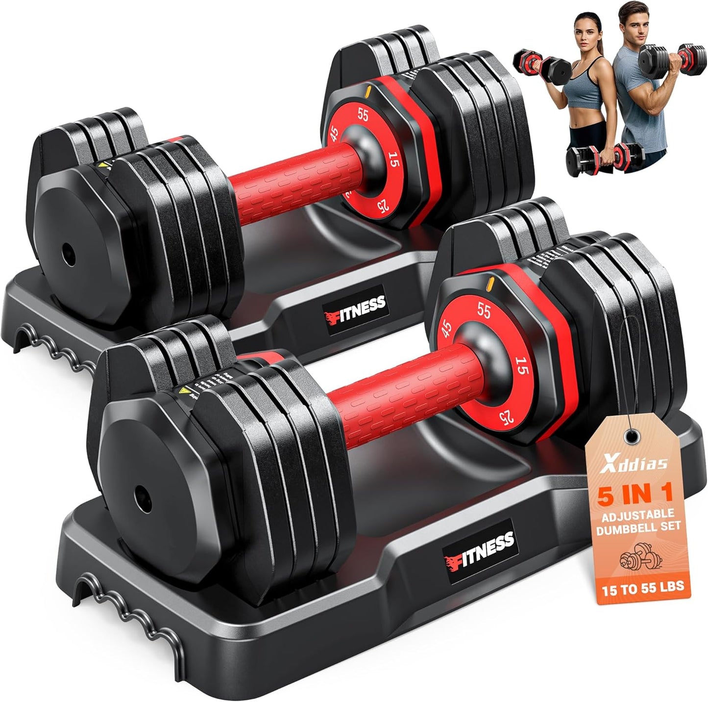 XDDIAS Adjustable Dumbbell Set of 2-25LB/55LB Set-1Sec Adjustable Dumbbell Weights-5 in 1 Free Weights Dumbbells Set with Effortless Tray/No-Slip Handle-Compact Size for Women/Men at Home Gym