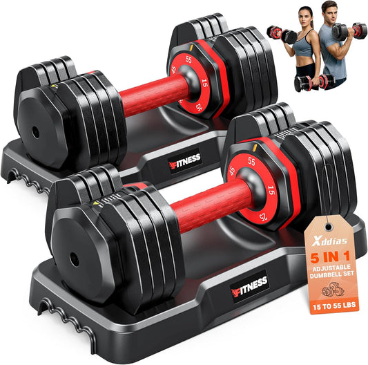 XDDIAS Adjustable Dumbbell Set of 2-25LB/55LB Set-1Sec Adjustable Dumbbell Weights-5 in 1 Free Weights Dumbbells Set with Effortless Tray/No-Slip Handle-Compact Size for Women/Men at Home Gym