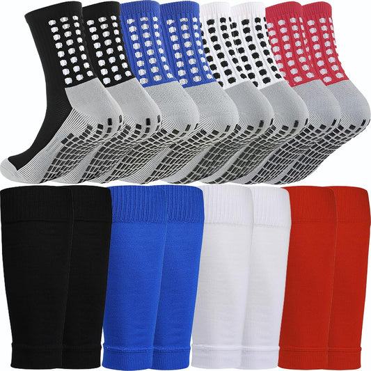 KMOLY 1 Set Soccer Grip Socks,Shin Guard Sleeves for Football Basketball for Men and Women Black/White One Size