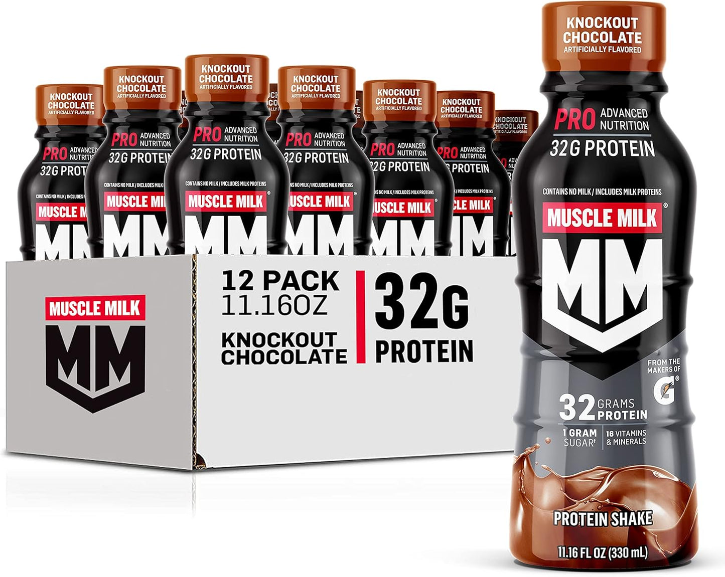 Muscle Milk Pro Advanced Nutrition Protein Shake, Knockout Chocolate, 11.16 Fl Oz (Pack of 12), 32g Protein, 1g Sugar, 16 Vitamins & Minerals, 5g Fiber, Workout Recovery, Energizing Snack, Packaging May Vary