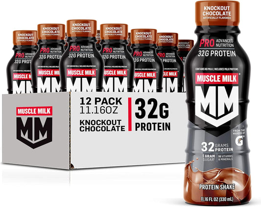 Muscle Milk Pro Advanced Nutrition Protein Shake, Knockout Chocolate, 11.16 Fl Oz (Pack of 12), 32g Protein, 1g Sugar, 16 Vitamins & Minerals, 5g Fiber, Workout Recovery, Energizing Snack, Packaging May Vary
