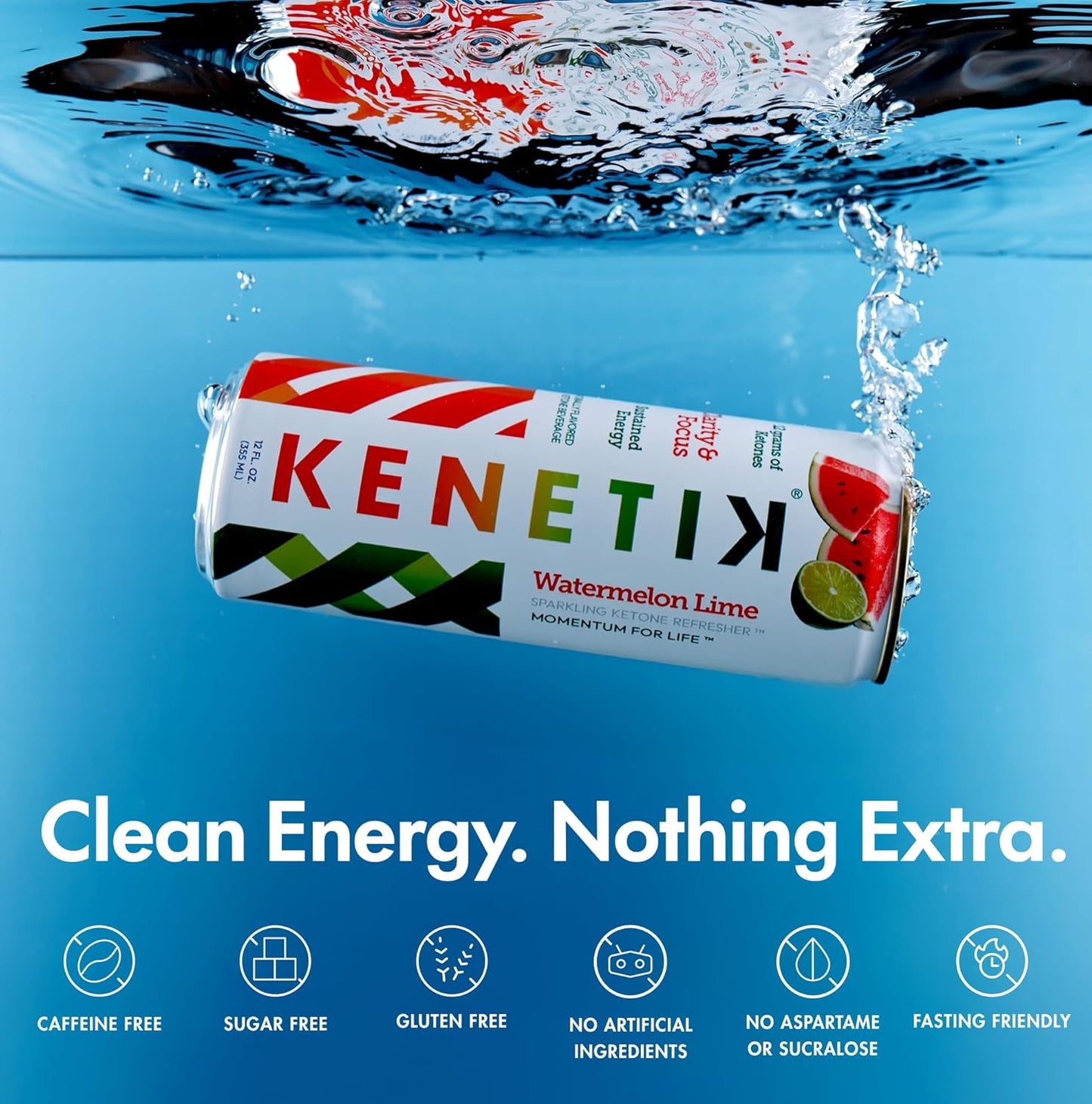 NEW! KENETIK Nootropic Ketone Drink, Ketones for Energy & Focus, Caffeine & Sugar Free, High Performance D-BHB Ketone Mix, Fuel w/Zero Crash or Jitters, Ready to Drink - Watermelon Lime 12 Pk