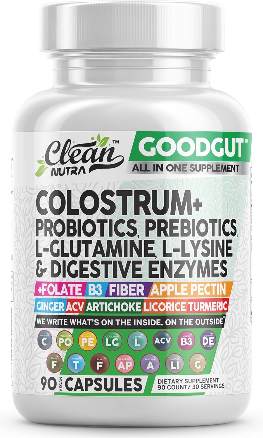 Clean Nutraceuticals Colostrum Supplement Capsules Probiotics Pills Prebiotics, L-Glutamine, Digestive Enzymes, Folate, Fiber, ACV, Turmeric, Apple Pectin and Turmeric Good Gut