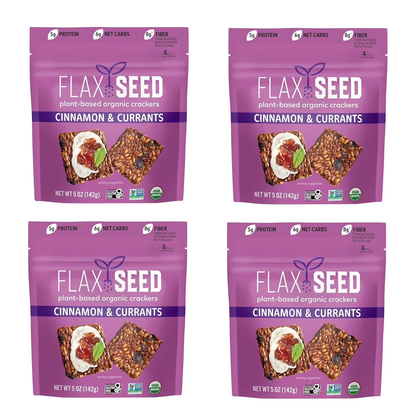 Flackers Organic Flax Seed Crackers Cinnamon & Currants, 5 Ounce 4-Pack, Gluten Free, Non GMO, Vegan, Naturally Sweet