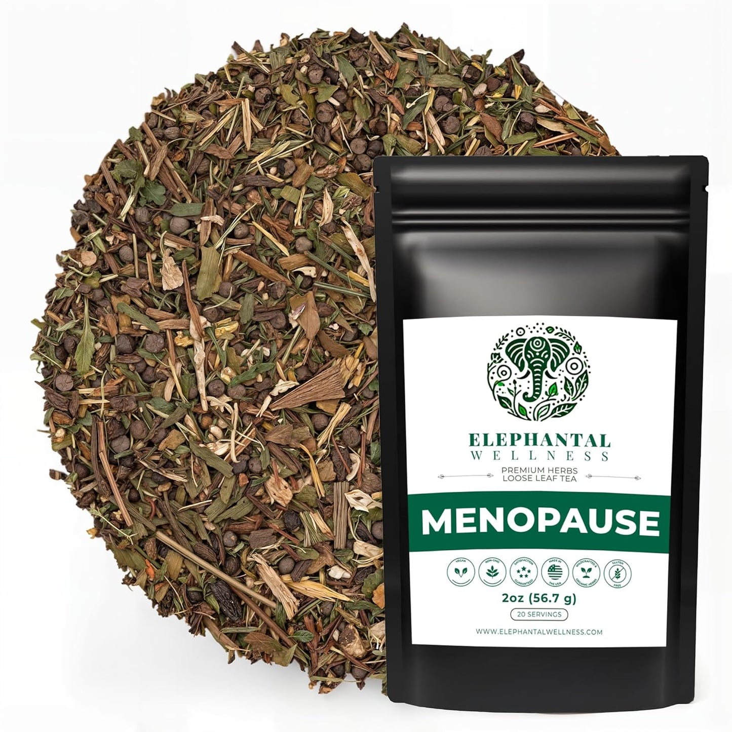 Elephantal Wellness Premium Menopause Herbal Tea | Hormonal Balance & Hot Flash Support with Chaste Berry, Red Clover, Black Cohosh & Valerian | Handmade, Caffeine-Free, Non-GMO Loose Leaf Blend | 2oz, 20 Servings
