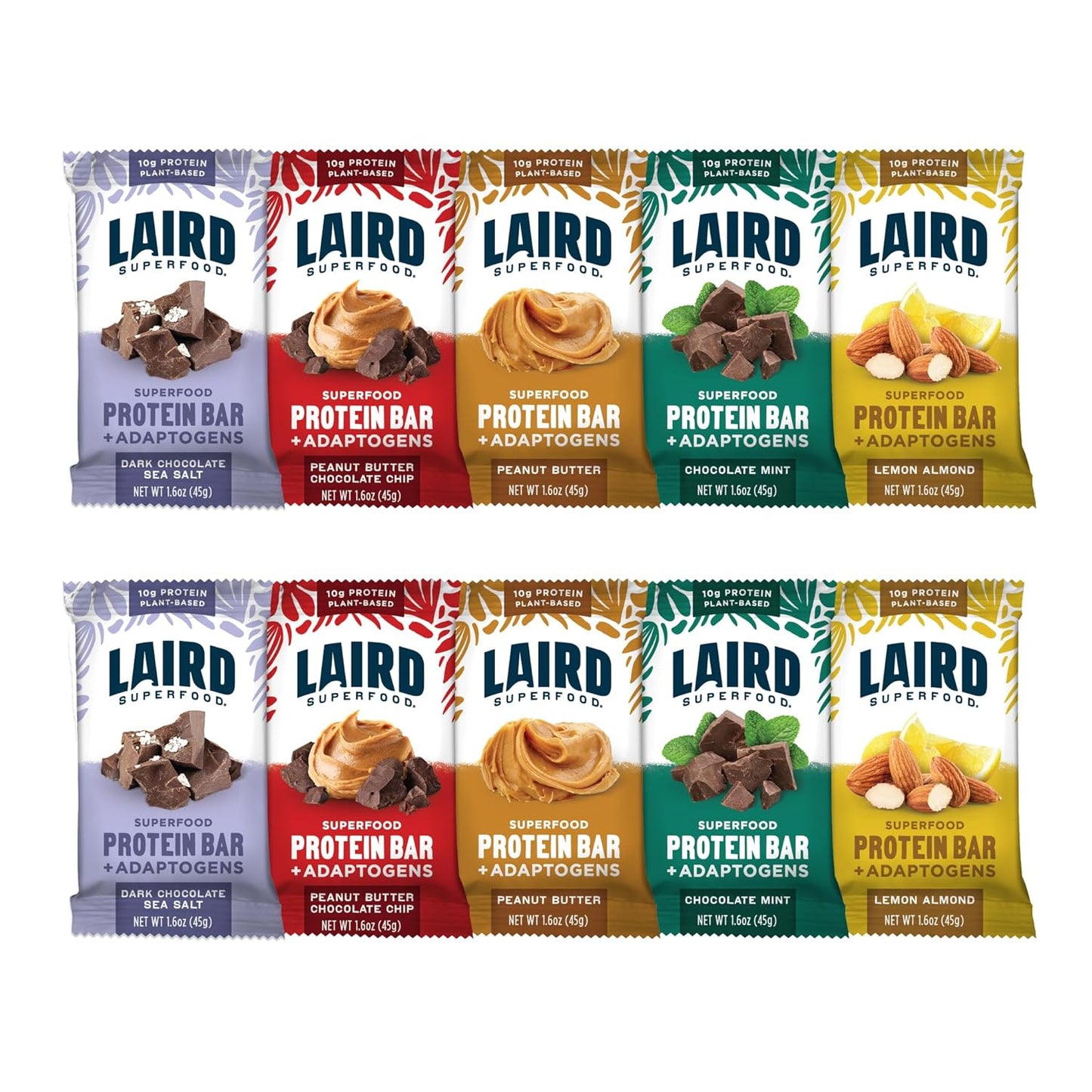 Laird Superfood Functional Protein Bars – Protein Bar but Better with Real Ingredients, Functional Mushrooms 10g Plant-Based Protein, 6g Fiber - Non-GMO - 5 Flavor Variety Pack, 10 Count (Pack of 1)