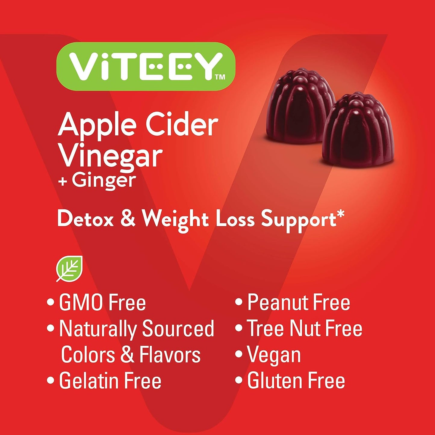 Viteey Apple Cider Vinegar Gummies and Ginger – 1000 mg ACV Gummies for Weight Loss, Detox and Digestion – Vegan, Gluten-Free – 60 Count