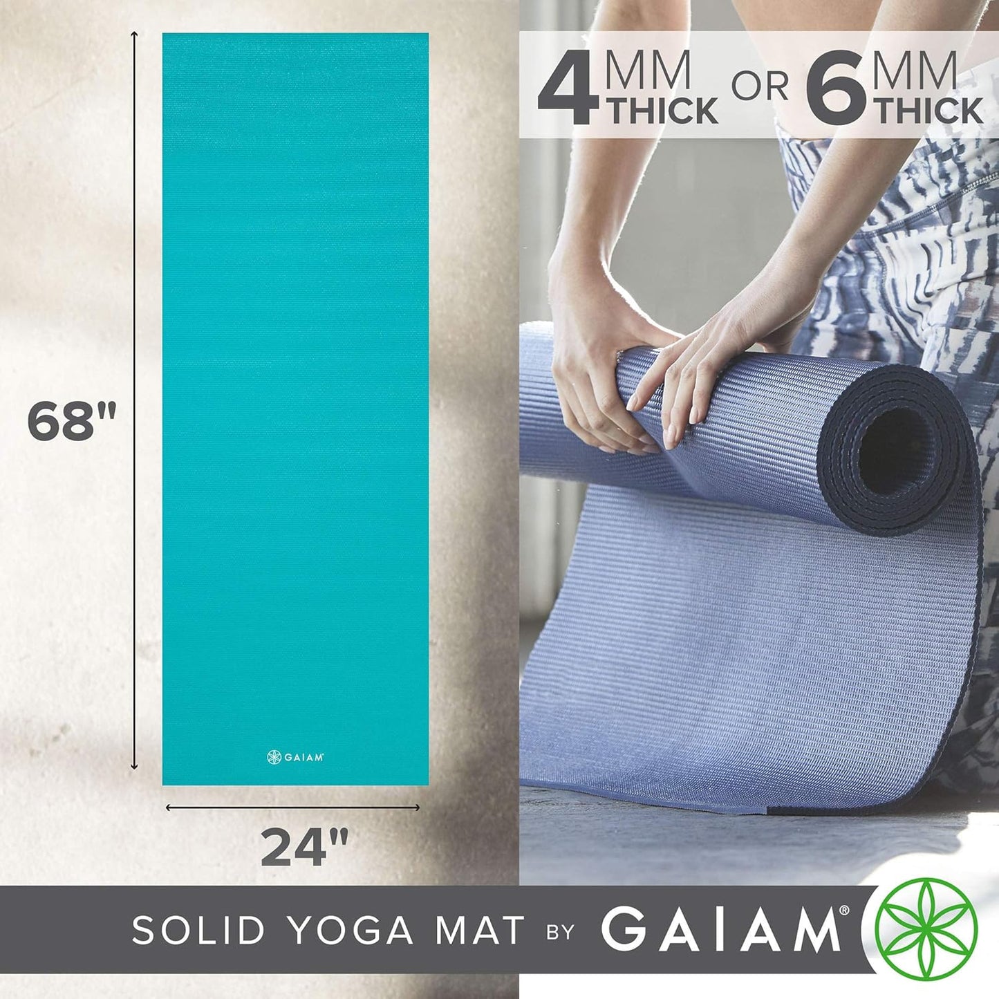 Gaiam Yoga Mat - Premium 5mm Solid Thick Non Slip Exercise & Fitness Mat for All Types of Yoga, Pilates & Floor Workouts (68" x 24" x 5mm)