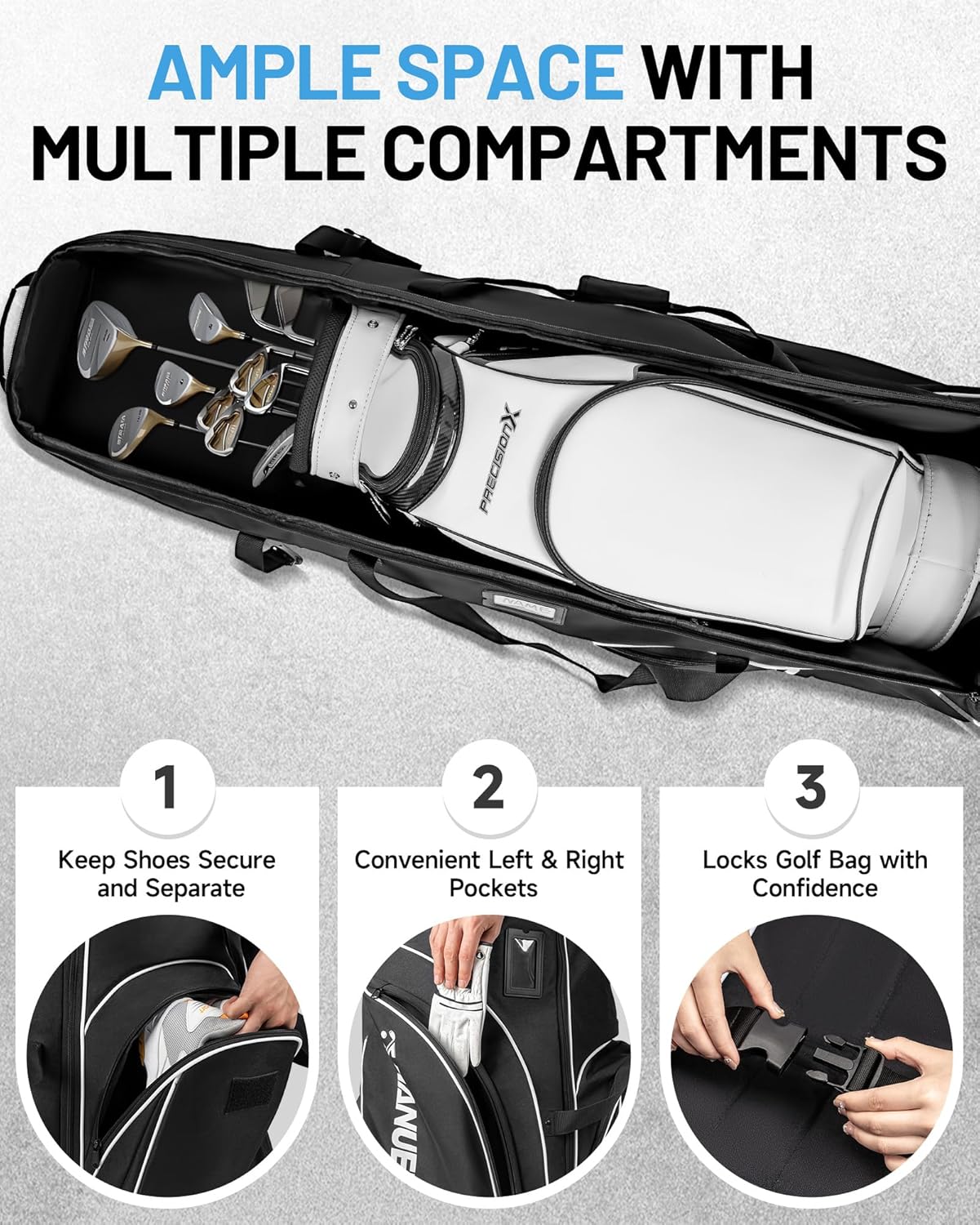 MANUEKLEAR 1680D Nylon Travel Golf Bags Club for Airlines with Wheels, Golf Travel Bags for Airlines with Padded Top, Golf Travel Case Cover with 3 Large Pocket for Golfer