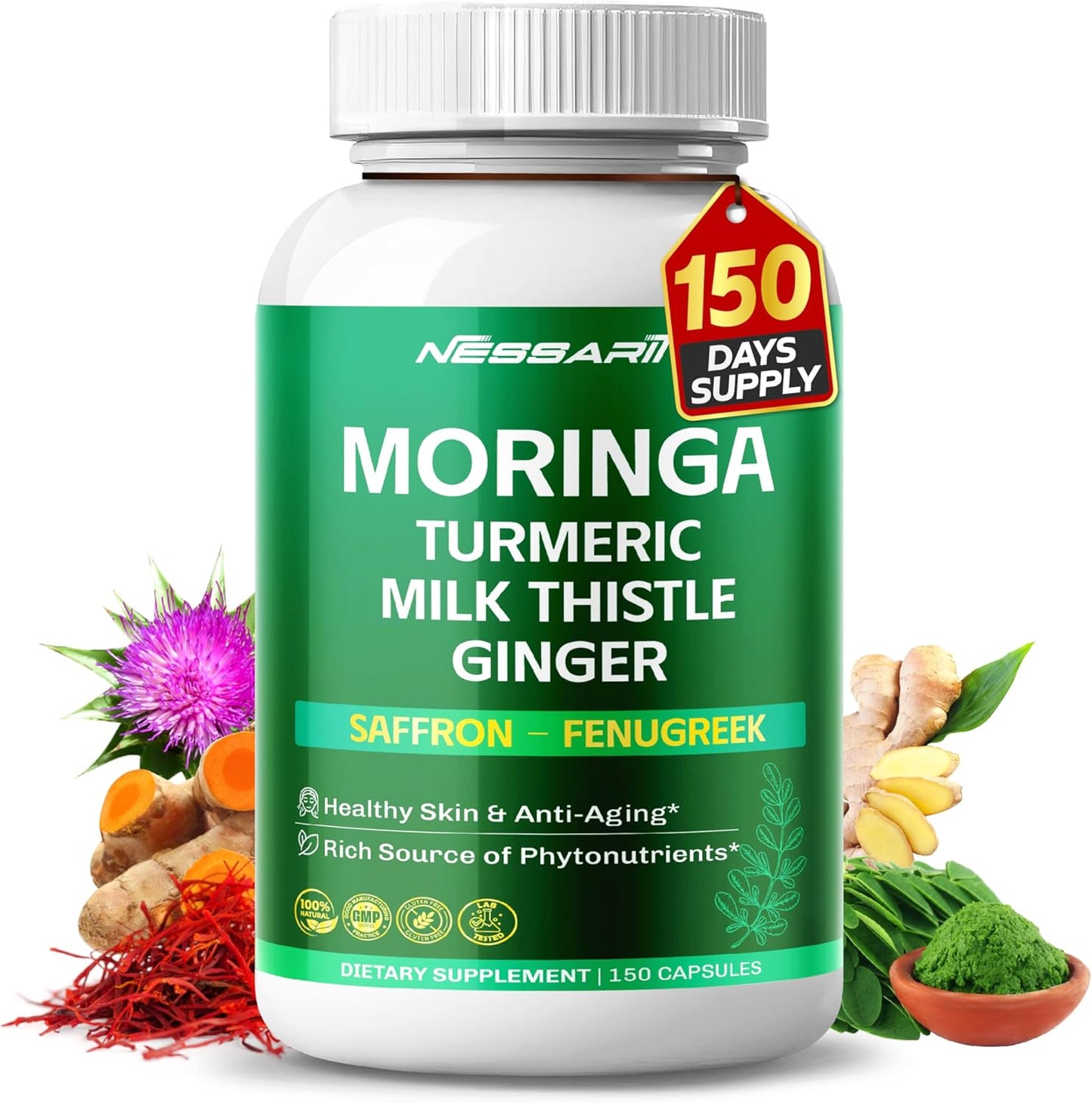 Moringa Supplement - 10-in-1 Natural Blend with Turmeric Milk Thistle Ginger Saffron Fenugreek Holy Basil Ceylon Cinnamon - 150 Count - Made & Tested in The USA