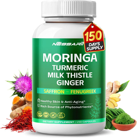 Moringa Supplement - 10-in-1 Natural Blend with Turmeric Milk Thistle Ginger Saffron Fenugreek Holy Basil Ceylon Cinnamon - 150 Count - Made & Tested in The USA