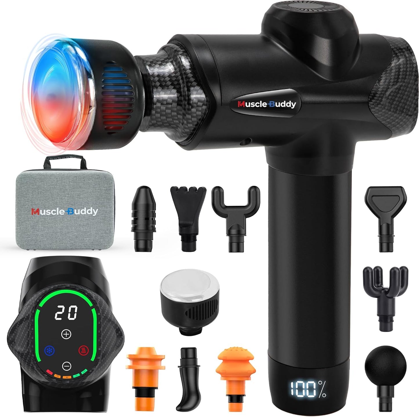 Massage Gun Deep Tissue with Heat and Cold Head, 6 Temperatures, 20 Levels & 10 Heads, Handheld Muscle Massager Gun with Carry Case, Portable Percussion Muscle Massager Gun (Black)