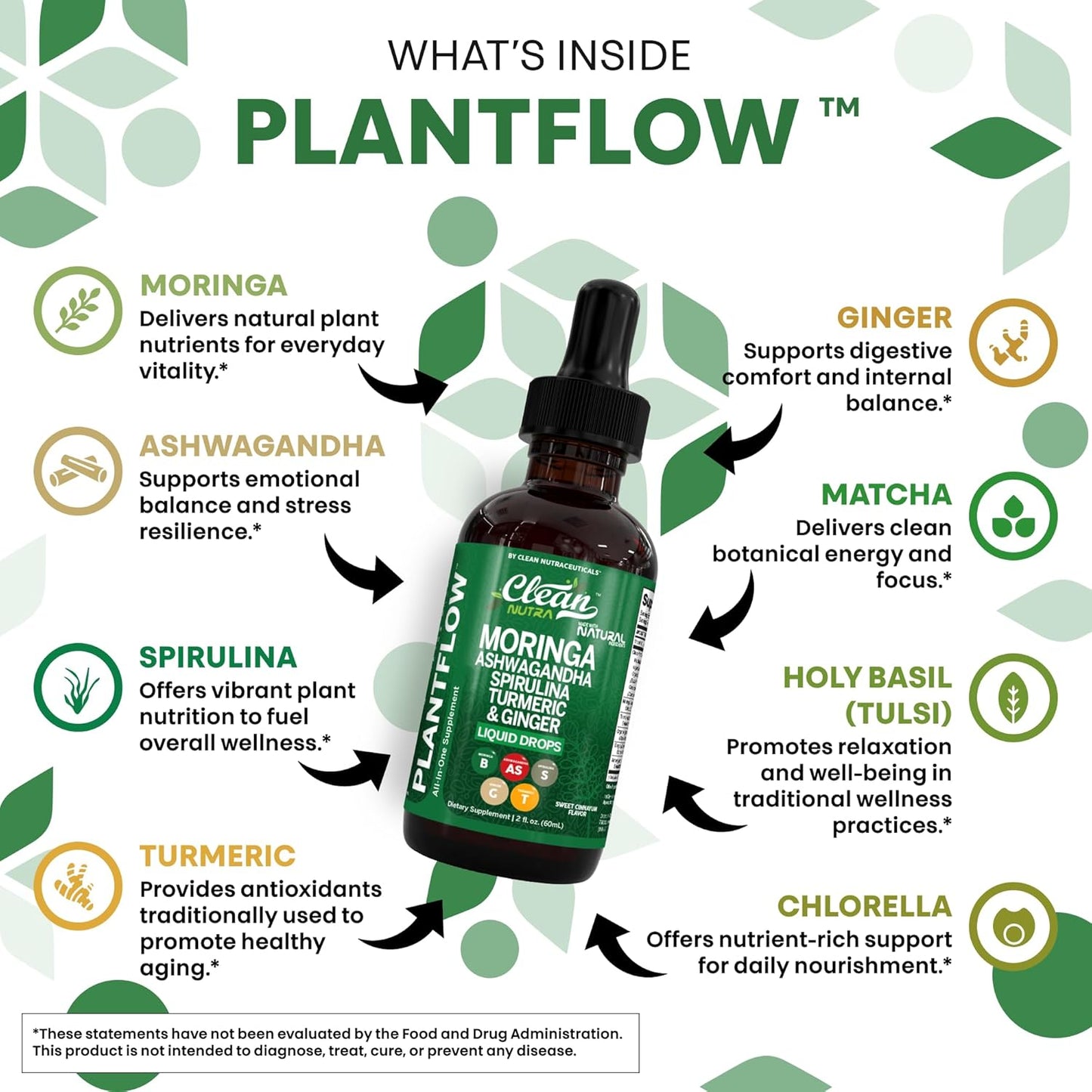 Clean Nutra Moringa Supplement Drops Ashwagandha Spirulina Chlorella Turmeric & Ginger Liquid Barley Grass with Chlorophyll Blue Green Algae Vitamin C Antioxidant Holy Basil Ceylon Cinnamon PlantFlow