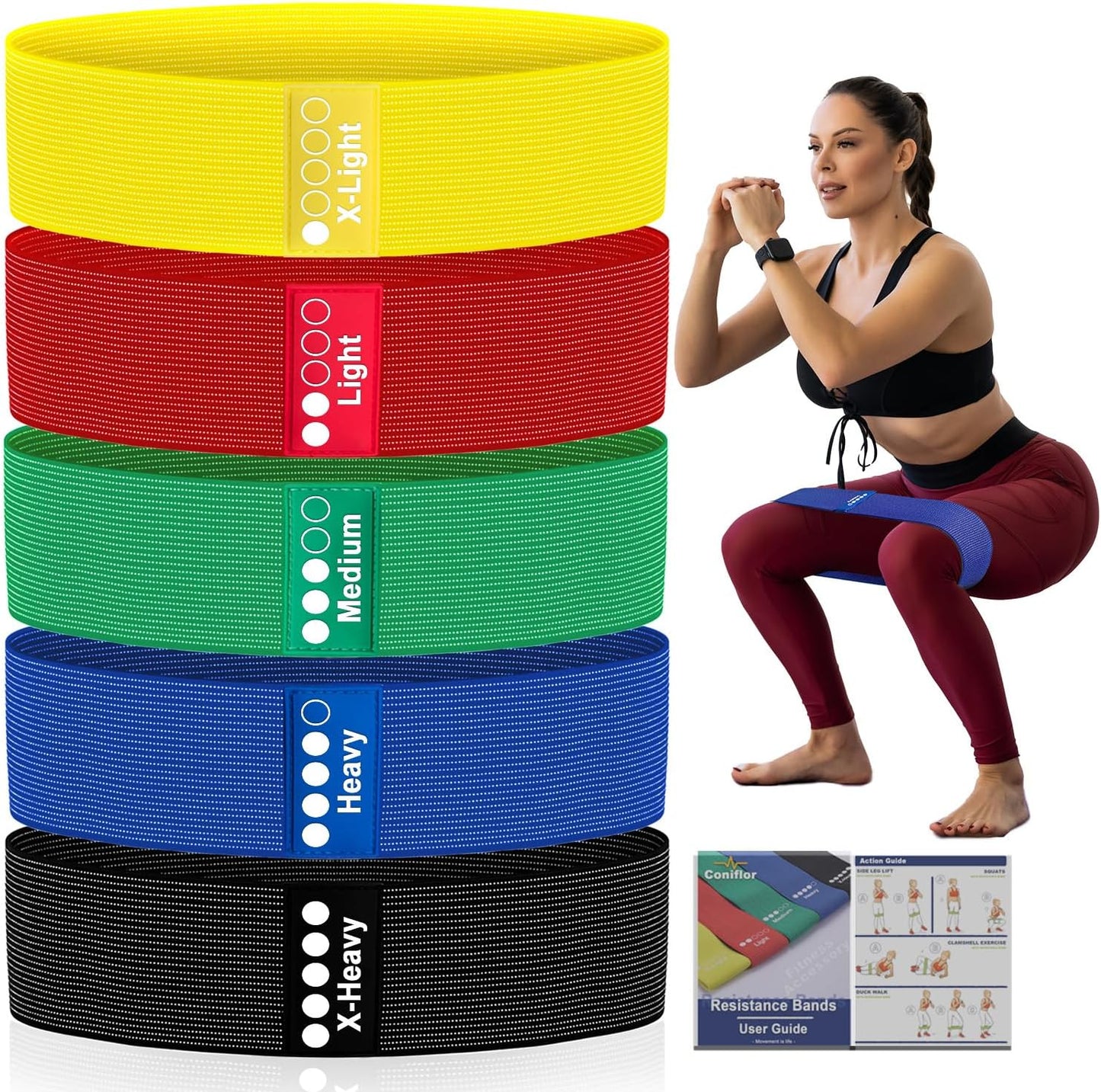 Resistance Bands for Working Out - Exercise Bands Set with Workout Guide - Fabric Elastic Bands for Physical Therapy - Fitness Bands Ideal for Legs Hip Glute