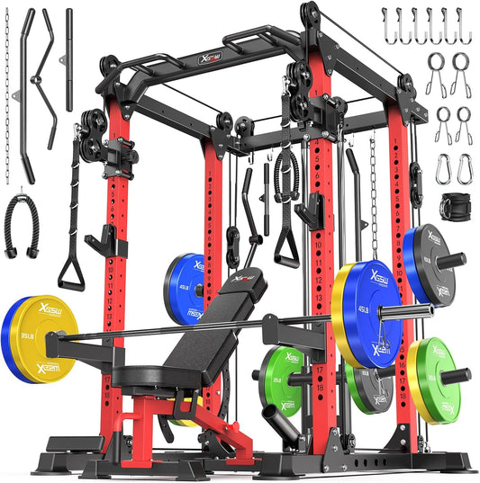 Power Cage Multi-Function Power Rack with Cable Crossover System,1800 LBS Capacity Squat Rack with Weight Bench,for Home Gym