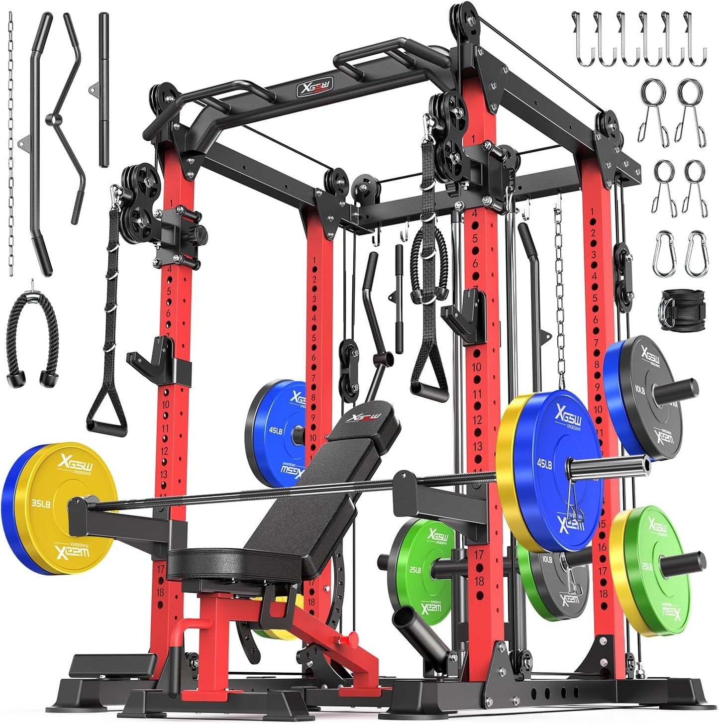 Power Cage Multi-Function Power Rack with Cable Crossover System,1800 LBS Capacity Squat Rack with Weight Bench,for Home Gym