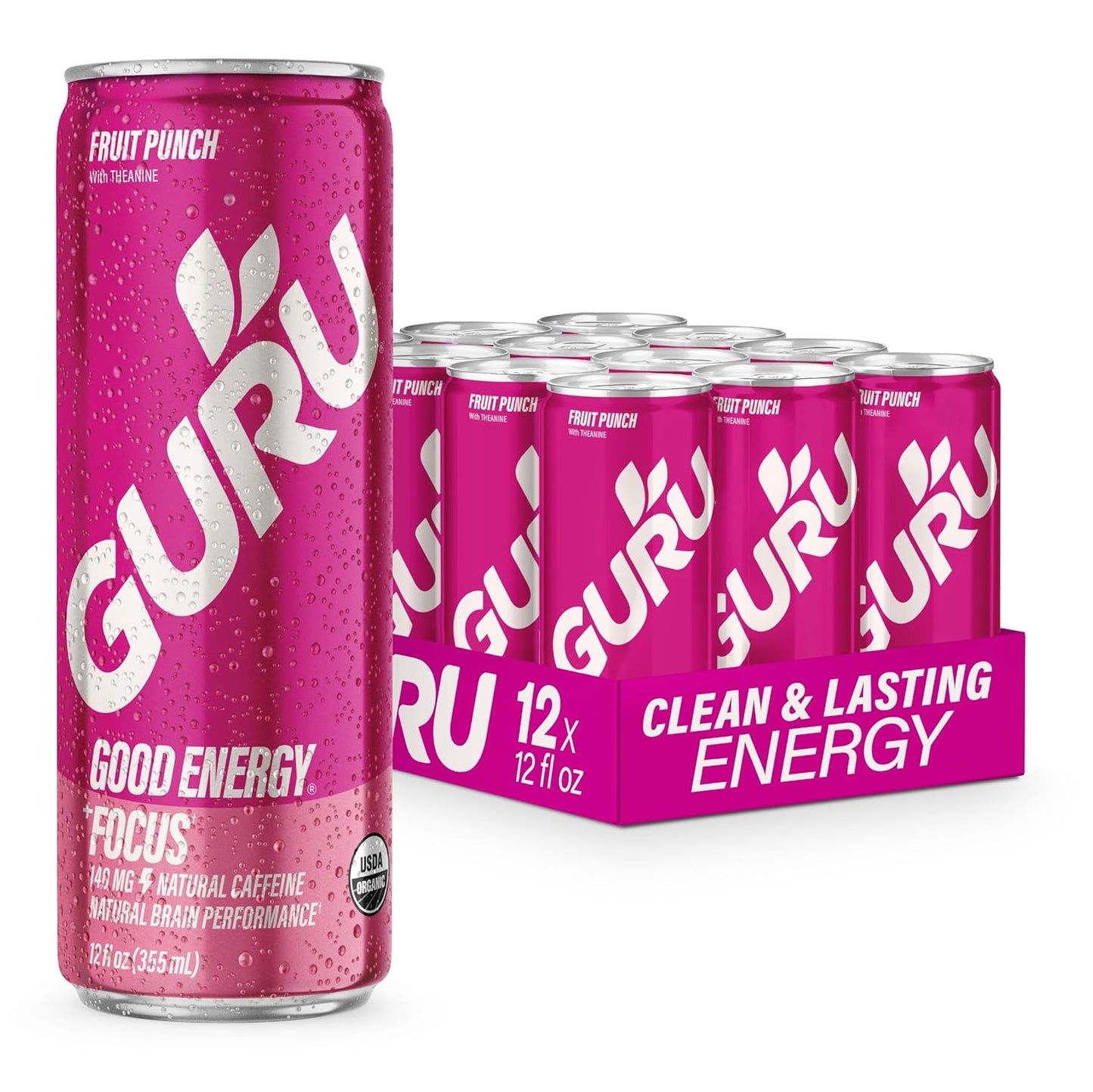 GURU Fruit Punch Organic Energy Drinks, Clean Energy Drink with Plant Based Natural Caffeine from Green Tea + Focus with L Theanine, Gluten Free and Vegan, 140MG Caffeine, 12oz (Pack of 12)