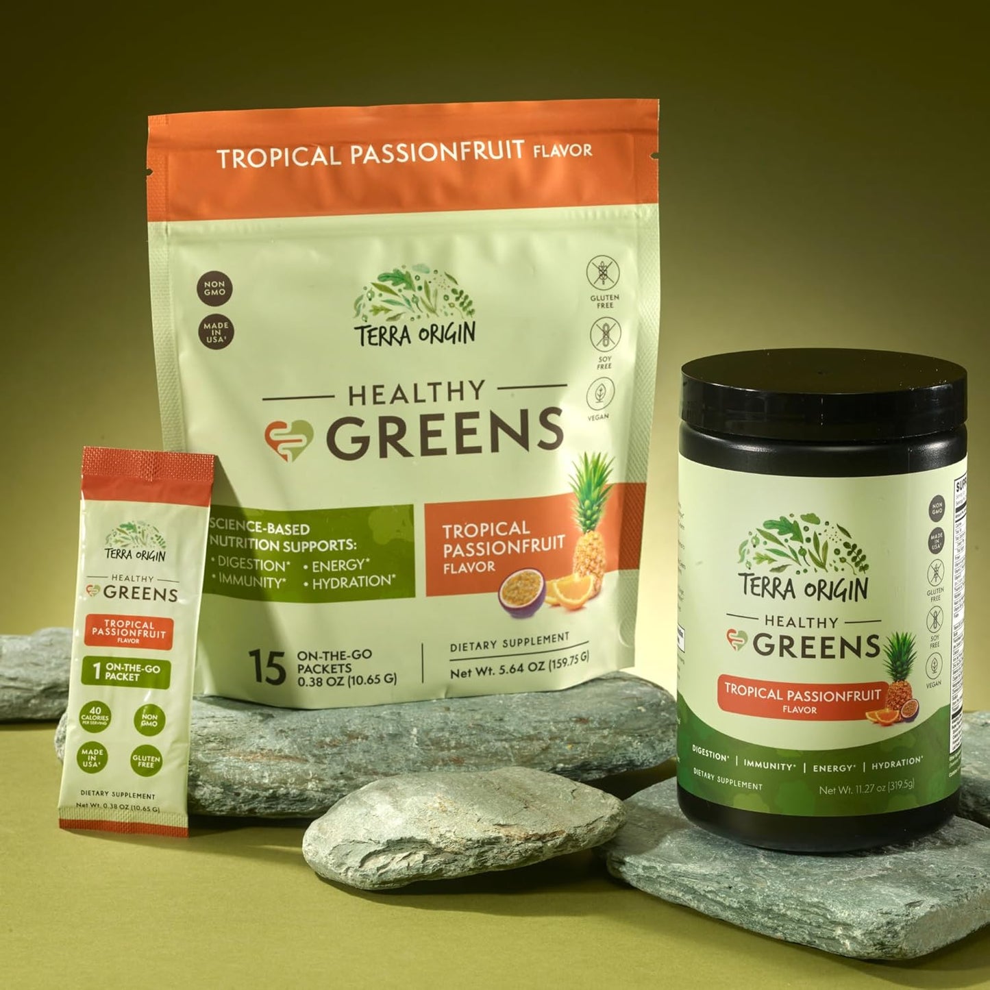 TERRA ORIGIN Greens Powder Superfood Supplement | 15 Packets | Supports Digestion | with Probiotic Blend, Digestive Enzymes, Antioxidants, Spirulina, Chlorella | Tropical Passionfruit