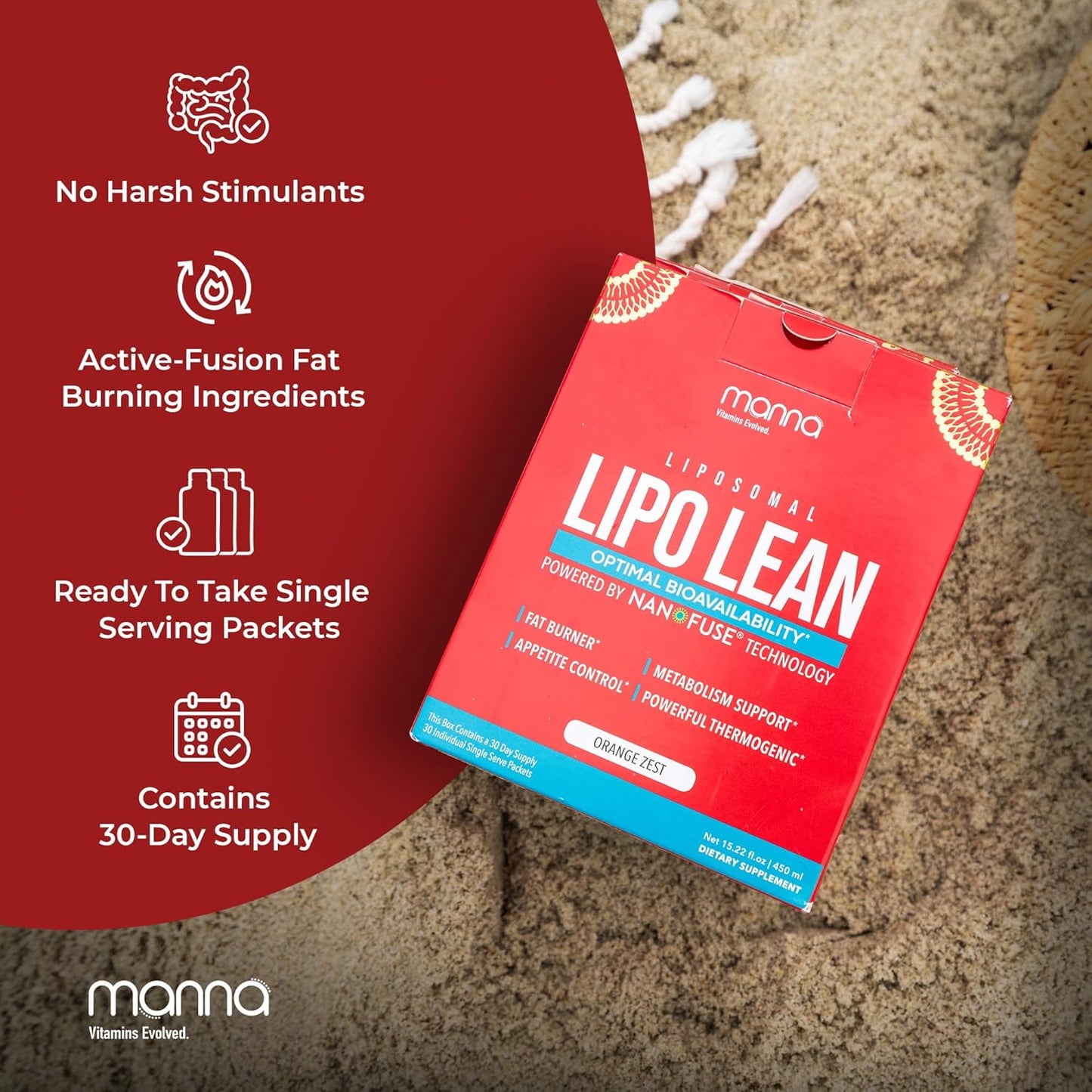 Manna Vitamins Evolved Liposomal Lipo Lean, Thermogenic Metabolism Support, Cravings Management, Weight Loss Support for Women, Men, Liposomal Absorption 3500mg CLA, Carnitine, Green Tea, 30 Packets