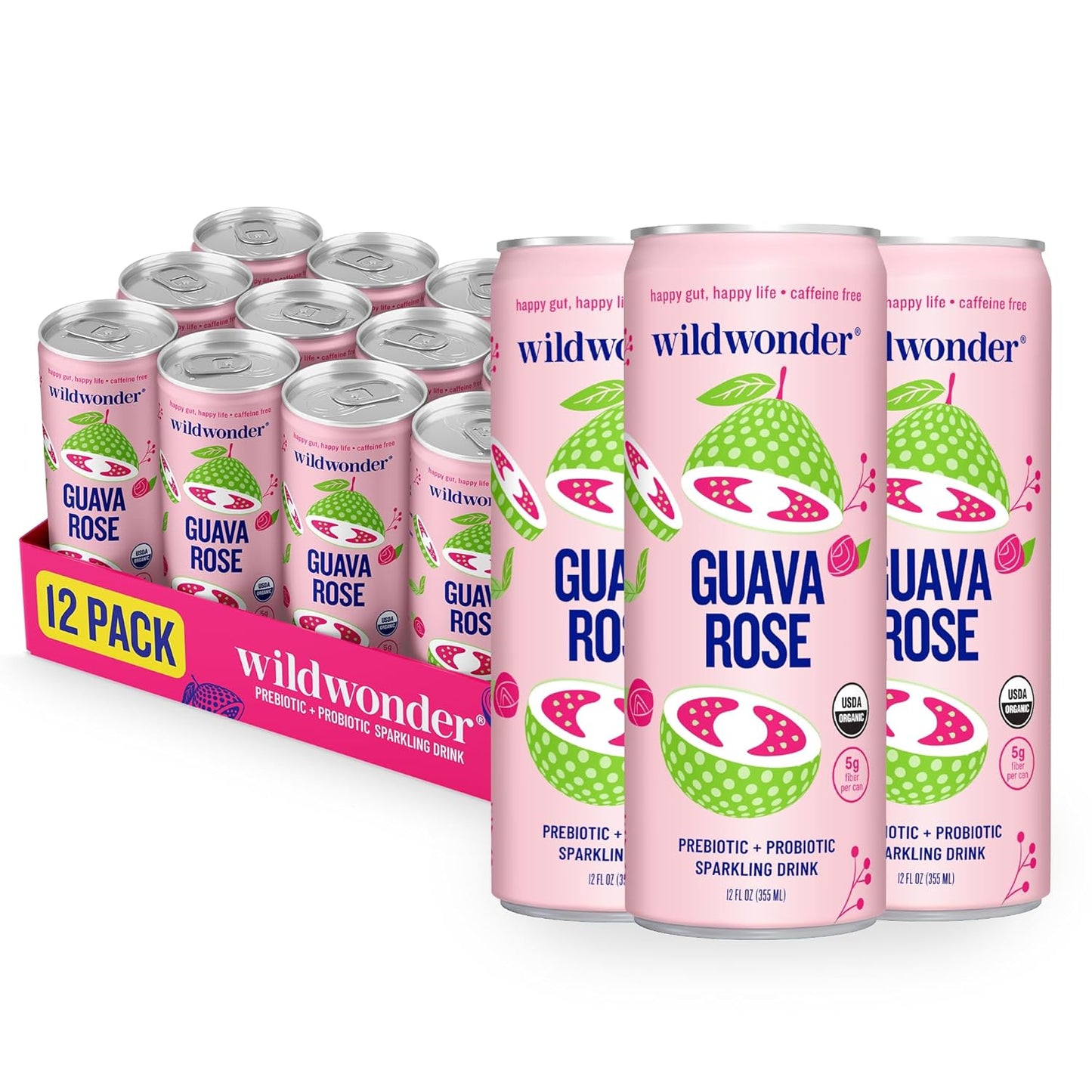 wildwonder Sparkling Probiotic Drink 12pk, For Gut Health & Immune Support, Guava Rose, 5g Prebiotic Fiber, Live Probiotics, Organic, Vegan, Low Sugar, 12 Pack, 12oz Can, As Seen on Shark Tank