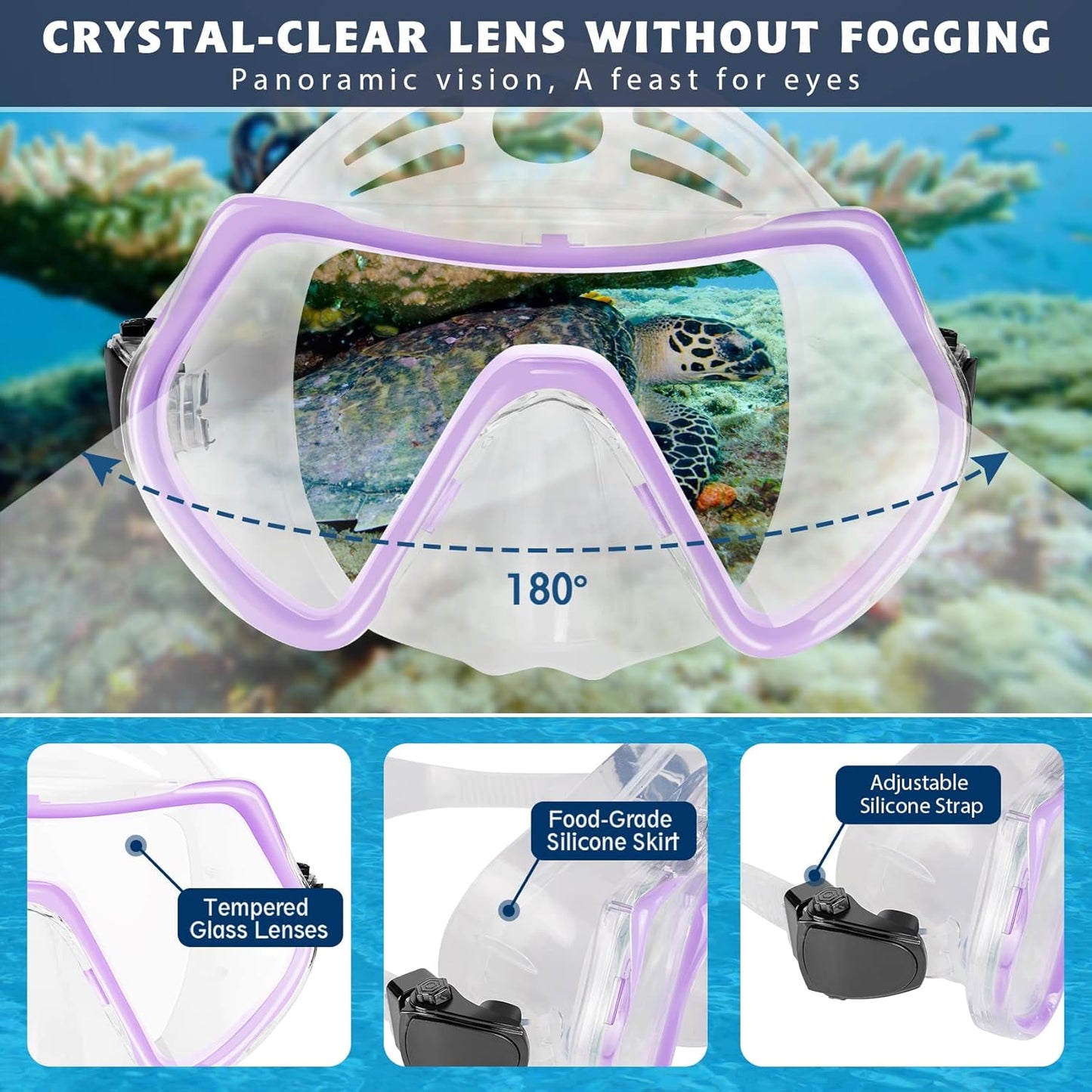 ZEEPORTE Mask Fin Snorkel Set, Travel Size Snorkeling Gear for Adults with Panoramic View Anti-Fog Mask, Trek Fins, Dry Top Snorkel and Gear Bag for Swimming Training, Snorkeling Kit Diving Packages