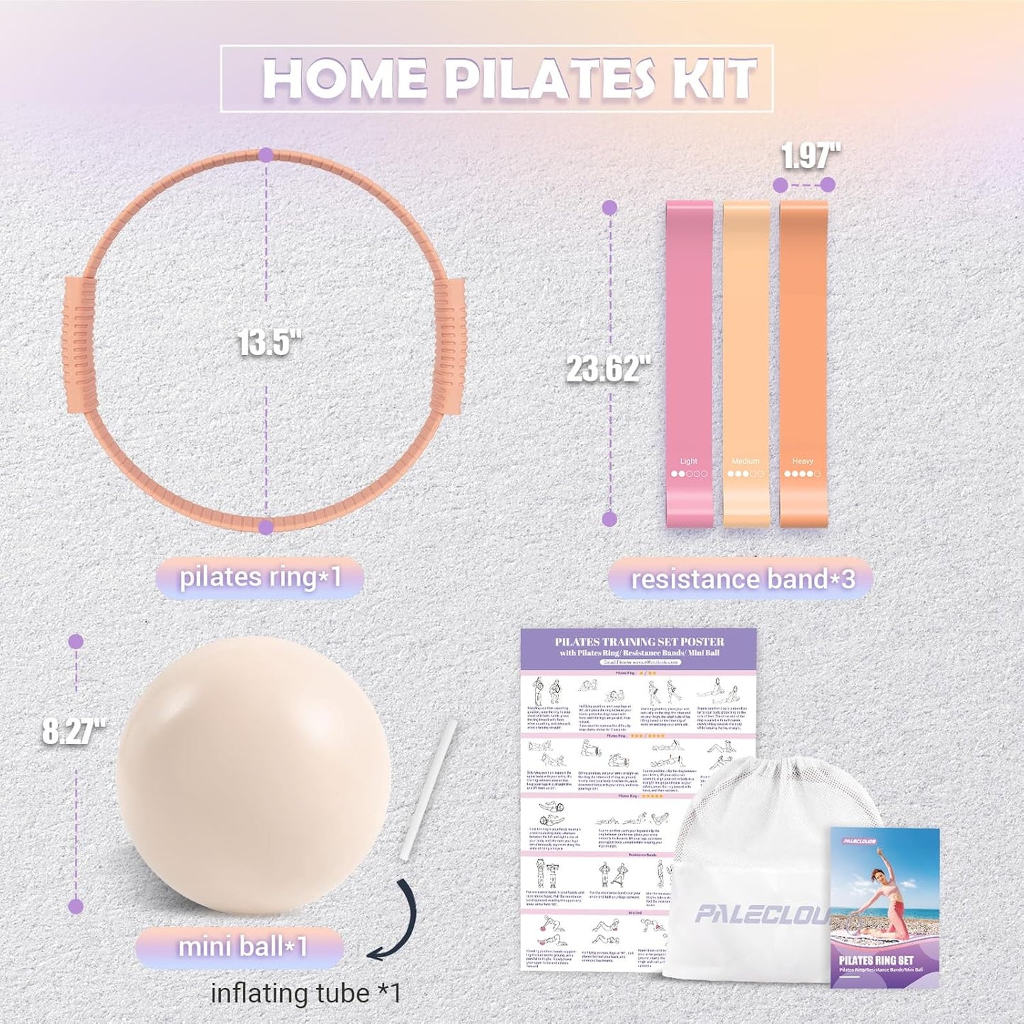 Pilates Essentials Kit for Women, 13.5" Pilates Ring and Ball Set with Resistance Bands for Home Workouts, Portable Pilates Kit with Bag & Training Poster for Full Body Exercise