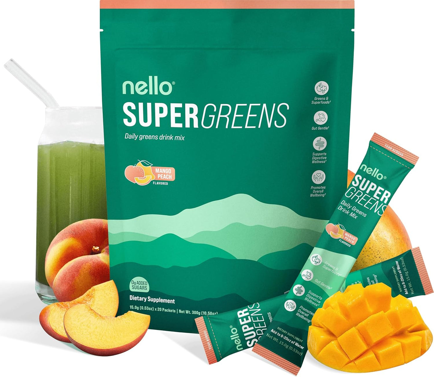 Supergreens Premium Superfood Greens Drink Mix w/Chlorella, Moringa, Spinach & Broccoli + Digestive Enzymes & Probiotic Blend -Nutrient-Packed Powder Wellness (Mango Peach, 20 SRV, Travel Pack)