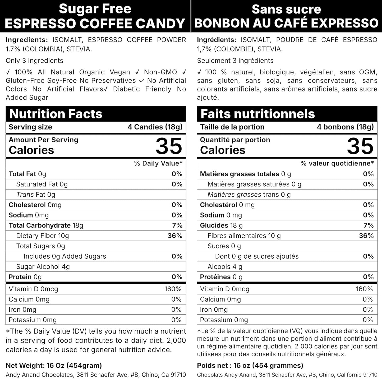Andy Anand Chocolatier Sugar Free Espresso Coffee Hard Candy - Made in Europe Gluten Free & Diabetic Friendly Coffee Candy, With Real Unique Flavor Hard Candy Individually Wrapped (Pack of 2)