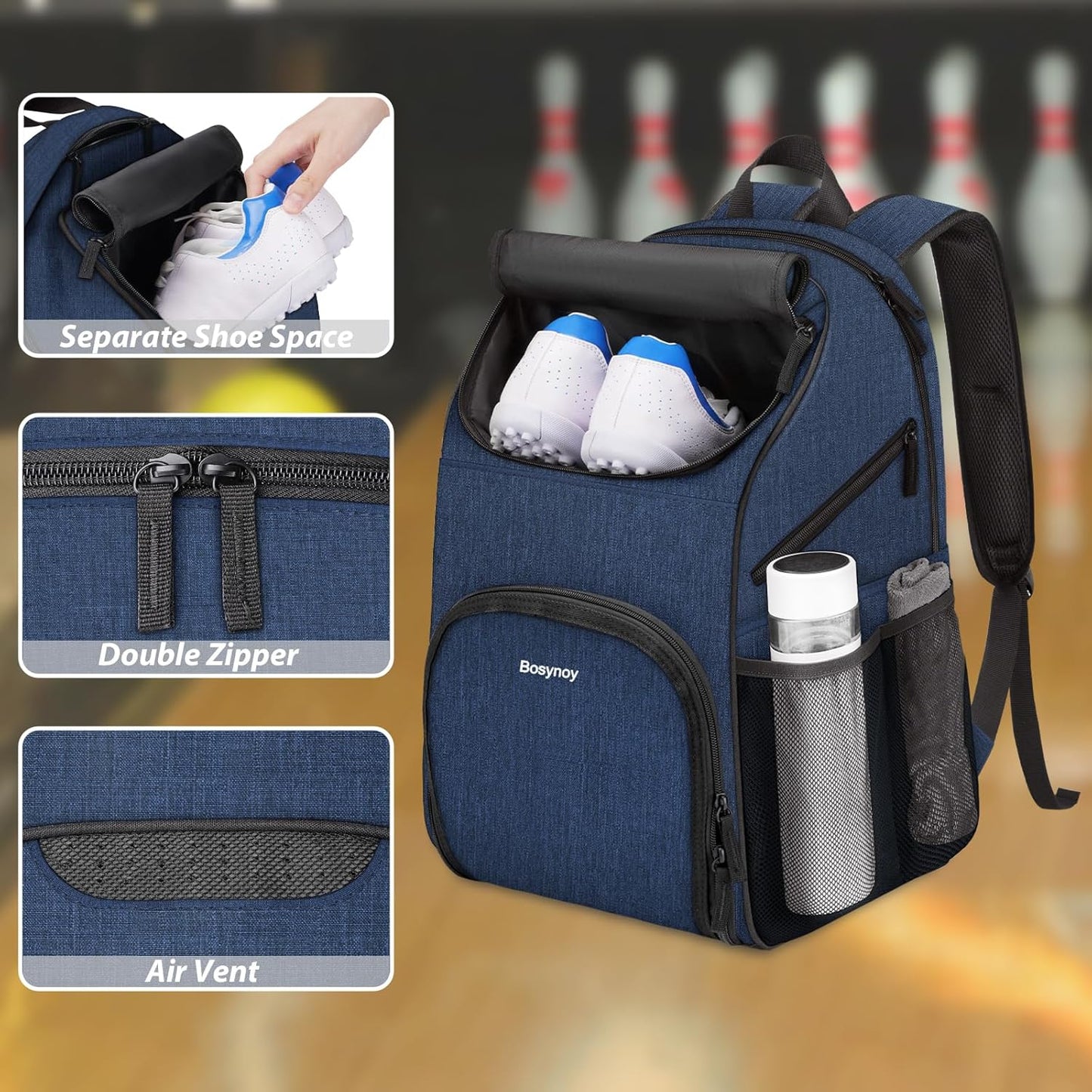 Bosynoy Bowling Backpack, Bowling Ball Bag Totes for Single Ball with Shoe Compartment & Foam Padded, Fits Shoes Up to US Mens Size 16, Grey