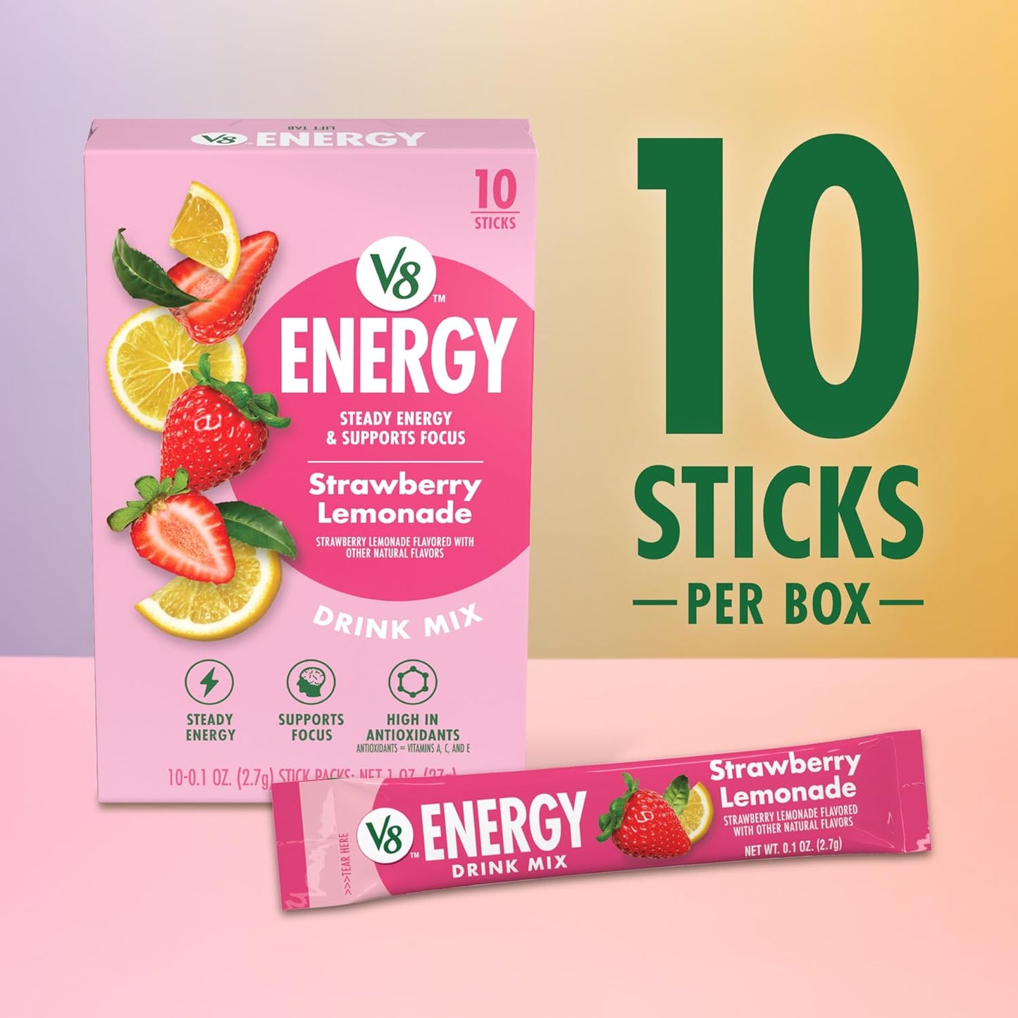 V8 Energy Strawberry Lemonade Energy Drink Powder, .10 oz Packet (10 Count)