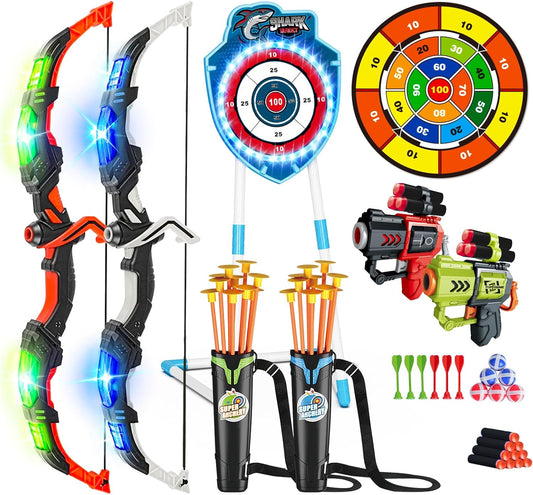 VATOS 2 Pack Bow and Arrow Toy with LED Light - 4 in 1 Archery & Dart Game Set with 20 Suction Cup Arrows, Shark Glow Target & Dart Board - Indoor/Outdoor Birthday Gift for Kids Boys Girls Ages 5-12