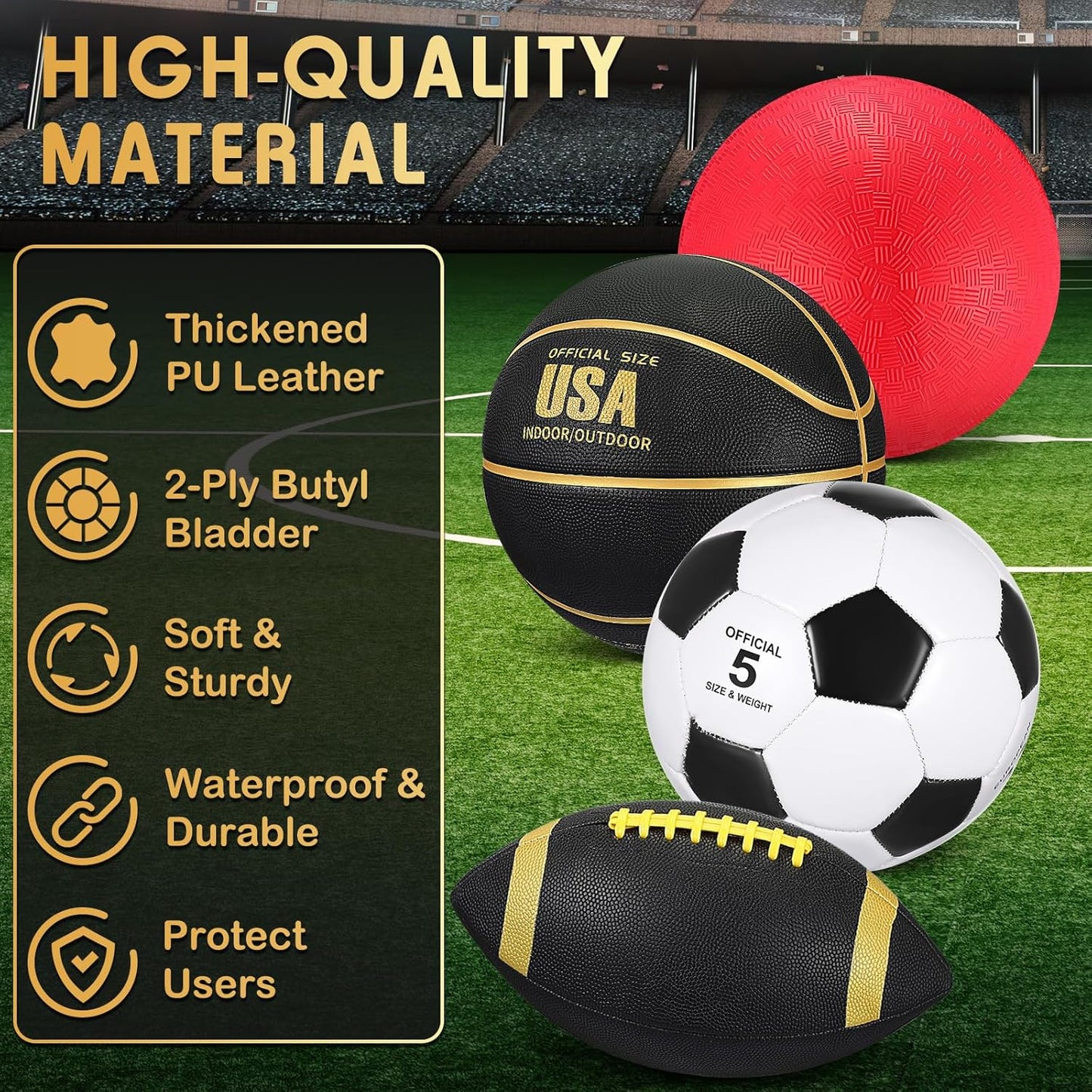 Deekin 8 Pcs Sports Balls Set for Kids Adult Assorted Football Basketball Soccer Playground Balls Official Size with Bags Pumps Outdoor Sports Equipment Athletic Gift Back to School