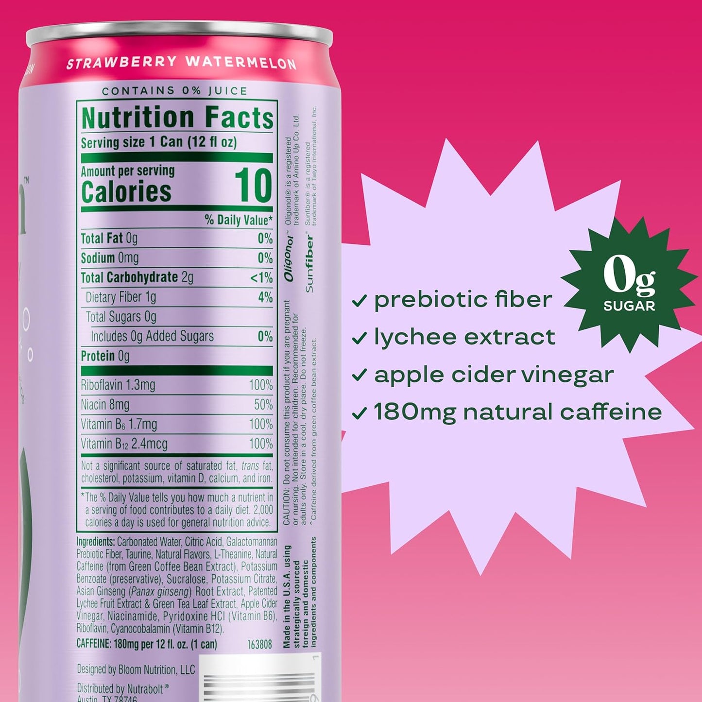 Bloom Nutrition Sparkling Energy Drink - Natural Caffeine, Zero Sugar, 180mg Caffeine - Antioxidant-Rich with Green Coffee Bean, Green Tea Extract, Prebiotics - Strawberry Watermelon - 12oz 24 Pack