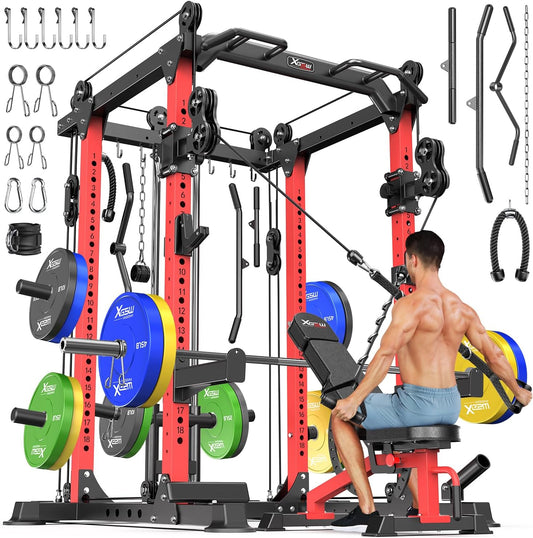 Power Cages Multi-Purpose Squat Rack with Cable Crossover System, Matching Weight Bench, Olympic Barbell Weight Set for Garage and Home Gyms