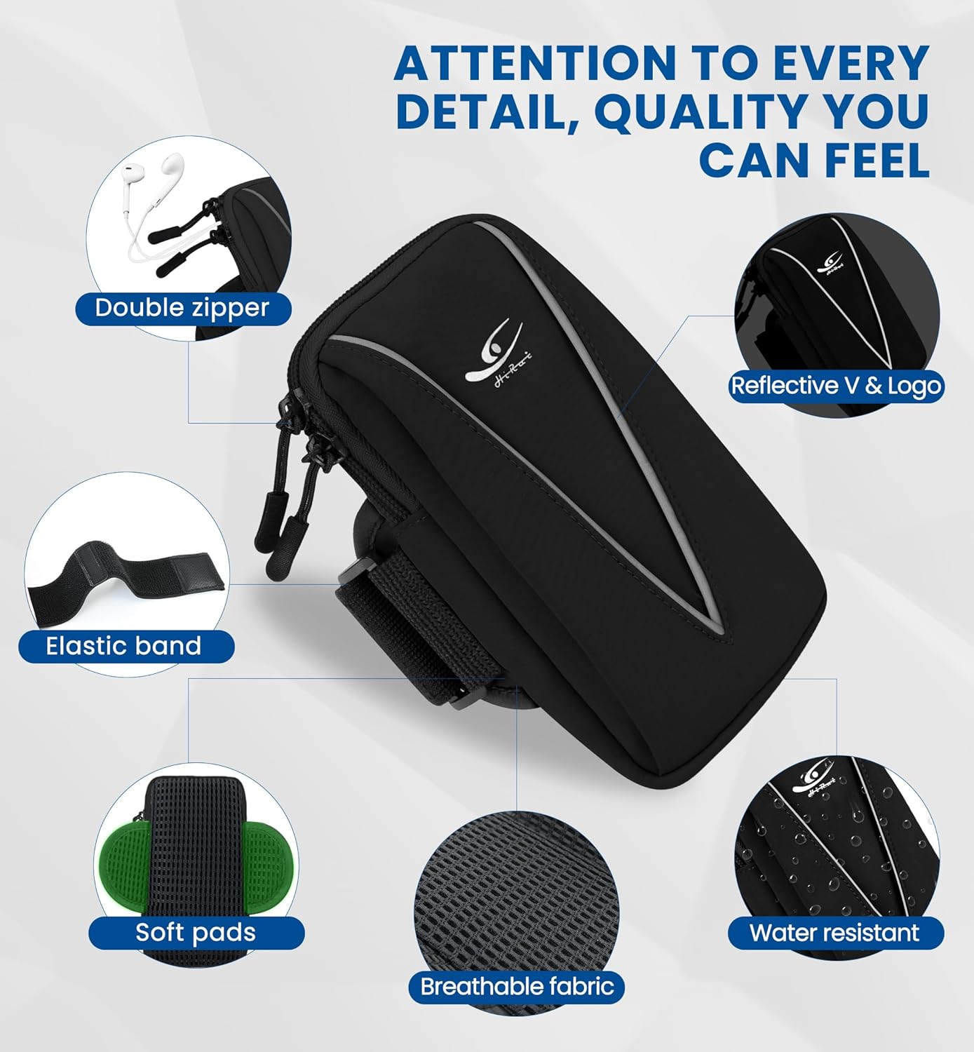 HiRui Cell Phone Holder Arm Bag & Wrist Bag for Phone, Sports Running Armband for Gym & Cycling, Compatible with iPhone 16/16Pro/Plus/15/14 Samsung Galaxy All Phones, Reflective & Adjustable (Black)