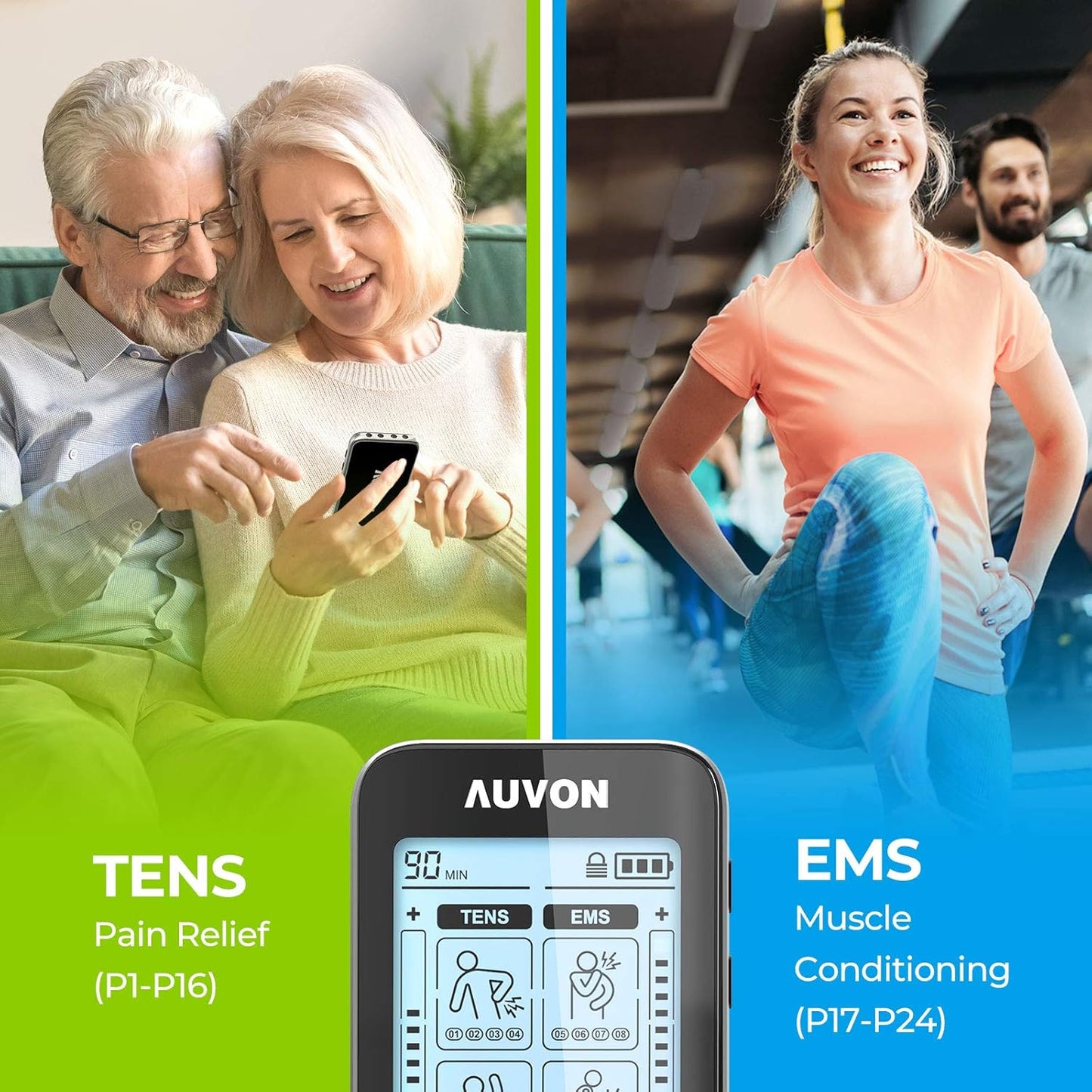 AUVON 4 Outputs TENS Unit EMS Muscle Stimulator Machine for Pain Relief Therapy with 24 Modes Electric Pulse Massager, 2" and 2"x4" Electrodes Pads, Black