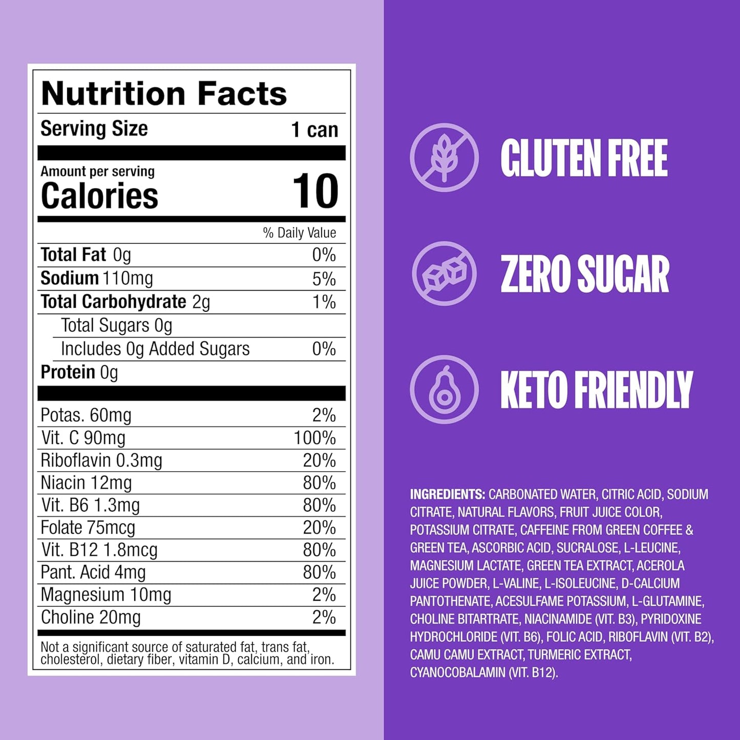 ZOA Zero Sugar Energy Drinks, Frosted Grape - Sugar Free with Electrolytes, Healthy Vitamin C, Amino Acids, Essential B-Vitamins, and Caffeine from Green Tea - 12 Fl Oz (12-Pack)