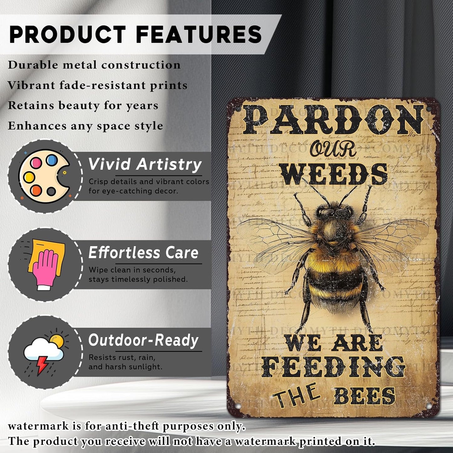 Vintage Bee Tin Sign Pardon Our Weeds We're Feeding The Bees Retro Garden Metal Poster Funny Wall Art Cafe Office Wall Decor for Kitchen Home Bar Plub Club Shop 12 * 8inch