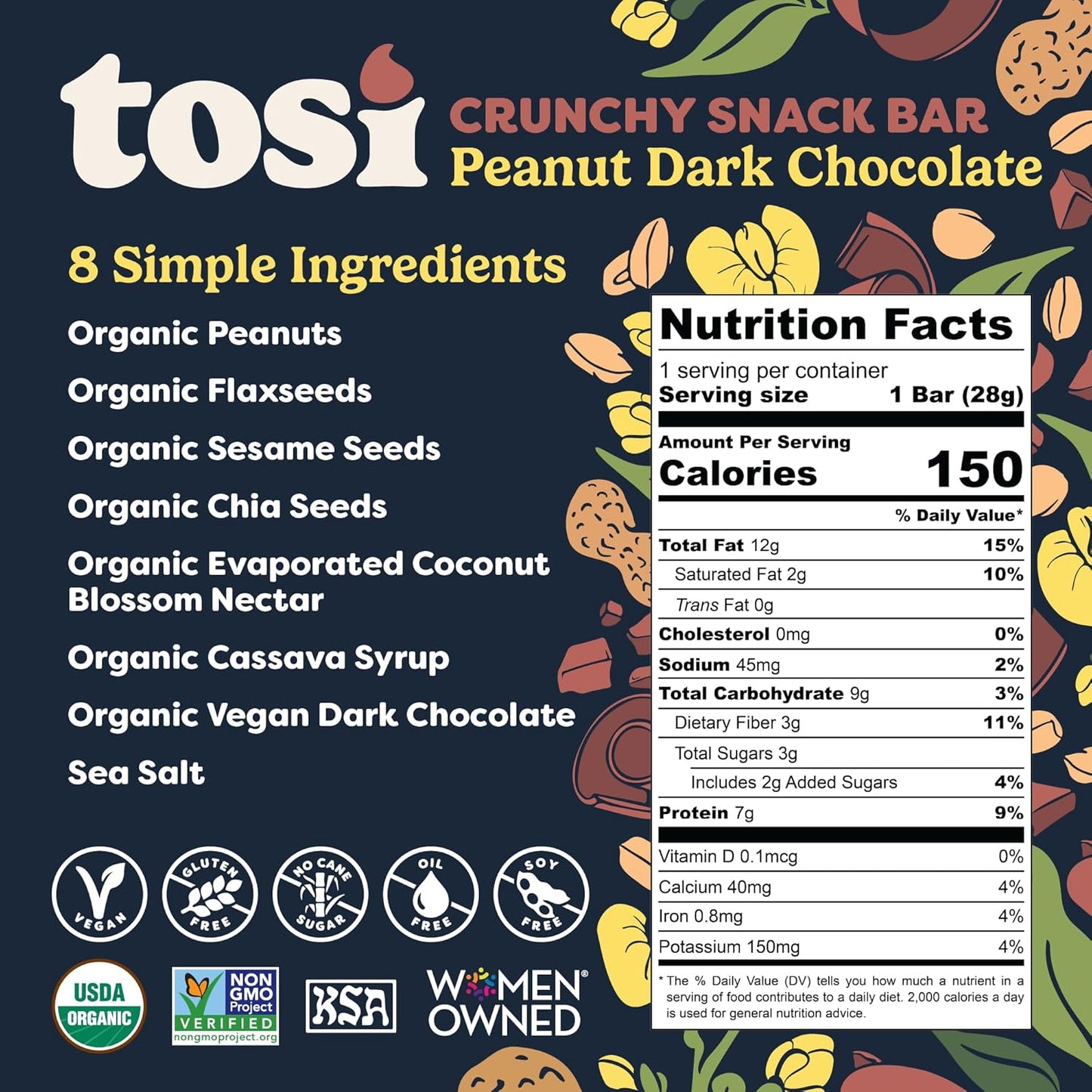 Tosi Peanut Dark Chocolate Protein Bars (8G) - Plant Based Healthy Snacks, Gluten-Free Crunchy Snacks, Vegan & Organic, Flax & Chia Seeds, Soy-Free, Omega 3s, 1 oz, 12-Pack