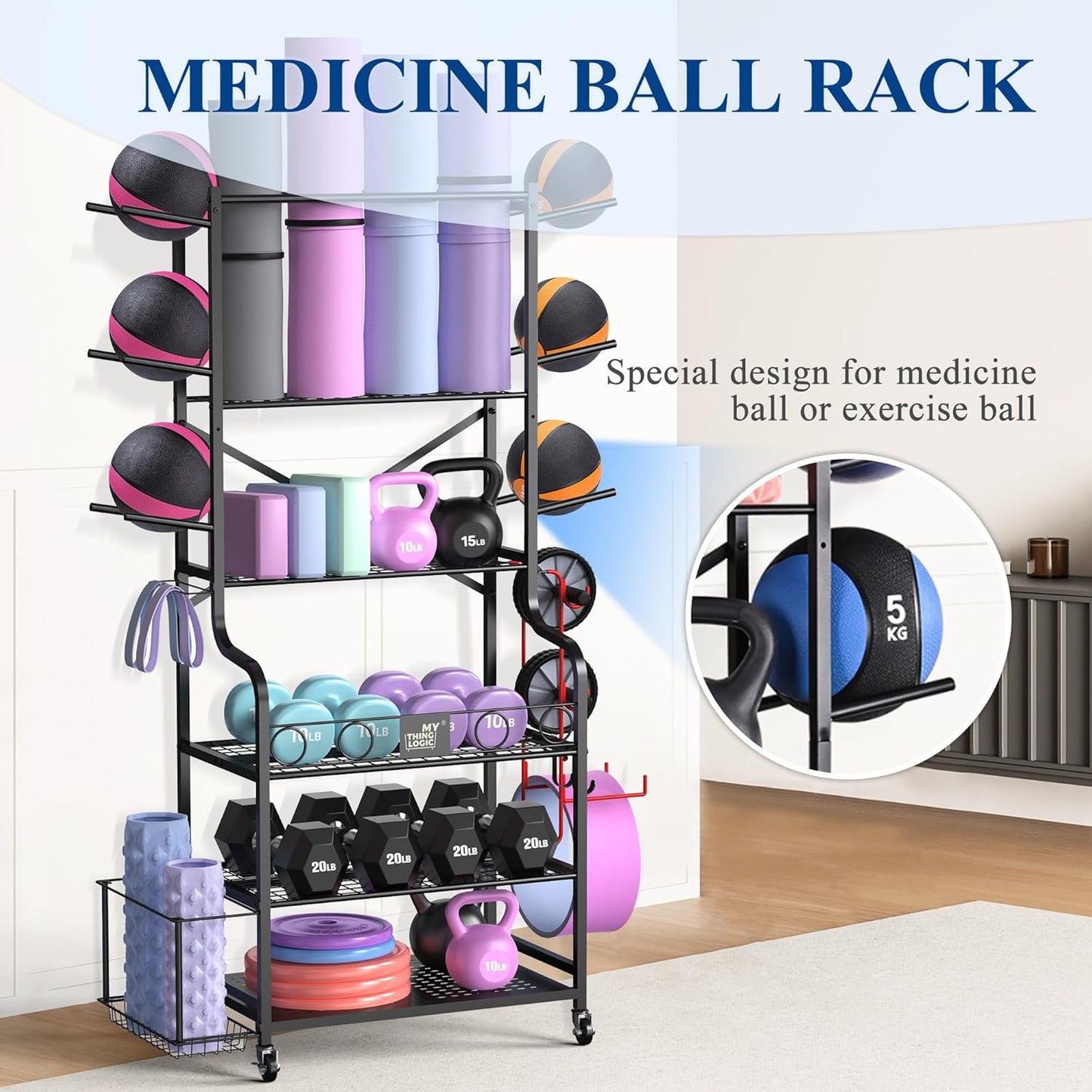 Mythinglogic Yoga Mat Storage Racks,Home Gym Storage Rack for Dumbbells Kettlebells Foam Roller, Yoga Strap and Resistance Bands, Workout Equipment Storage Organizer With Hooks and Wheels