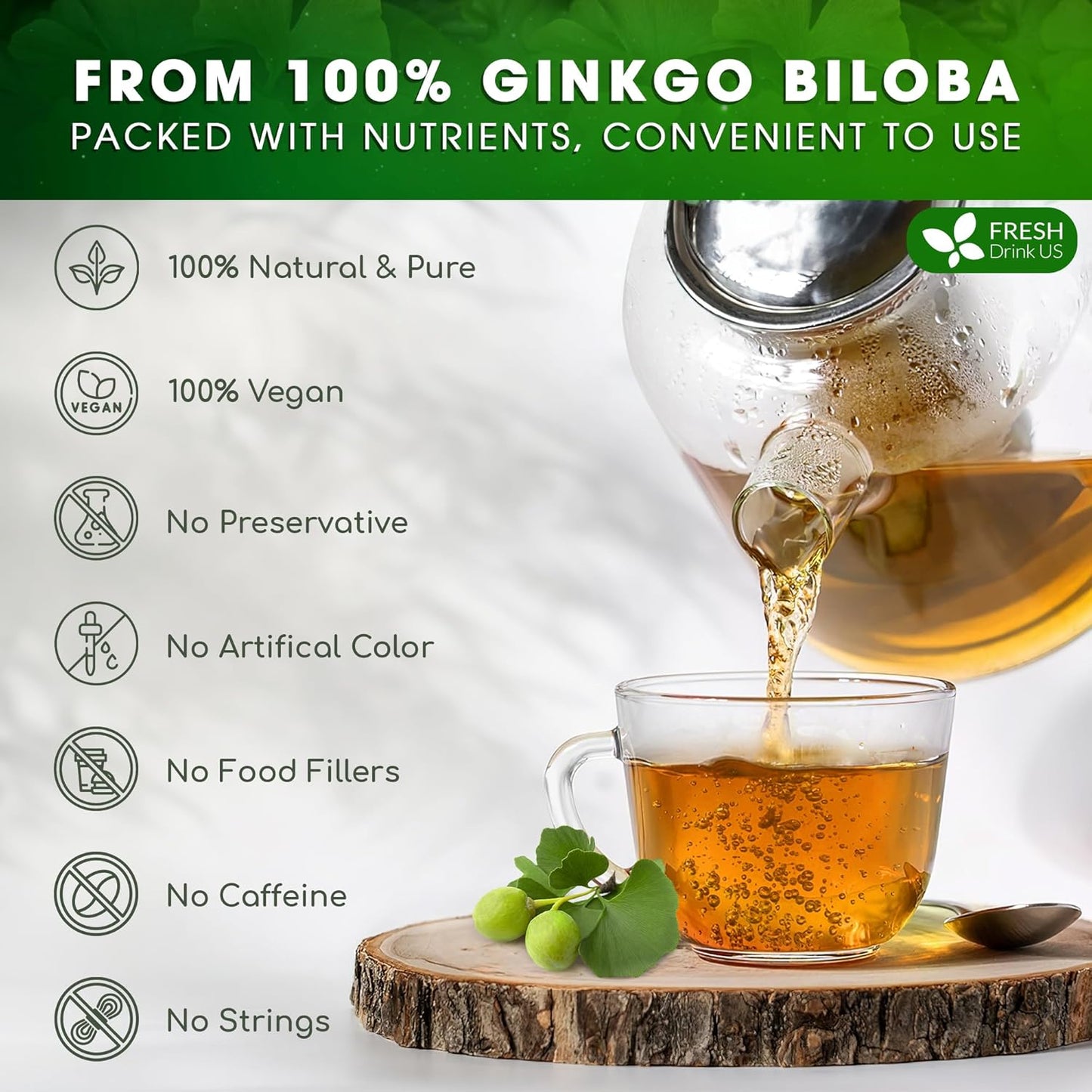 FreshDrinkUS, Premium 75 Ginkgo Biloba Leaf Tea Bags, 100% Natural & Pure from Ginkgo Biloba Leaves. Loose Leaf Herbal Tea. Made with Eco-Conscious Tea Bags. No Sugar, No Caffeine, No Gluten, Vegan.