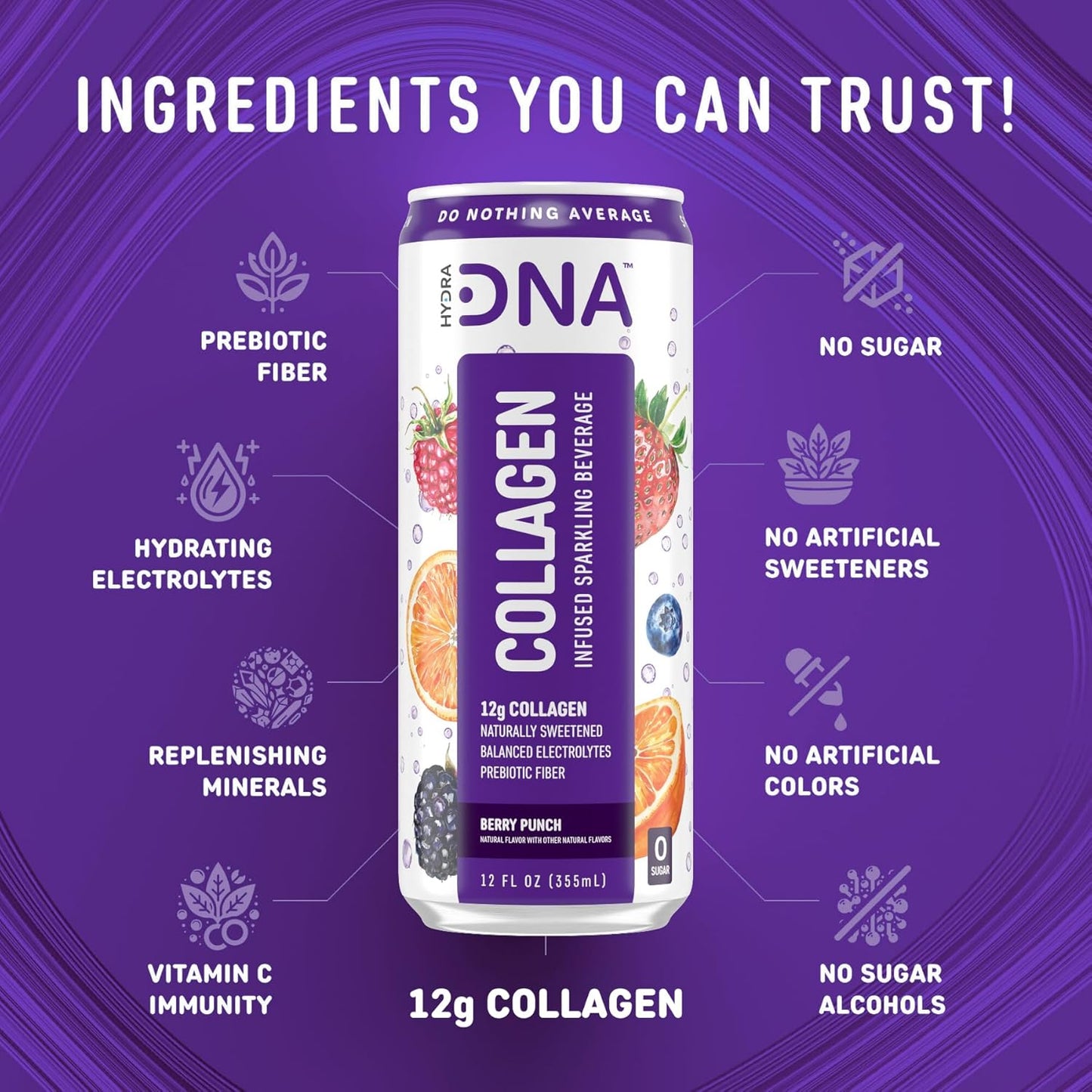 HYDRADNA- Sparkling Liquid Collagen Protein Water Drink Balanced Nutrients for Wellness - Sugar-Free - Keto-Friendly - No Gluten (12 Pack) Berry Punch