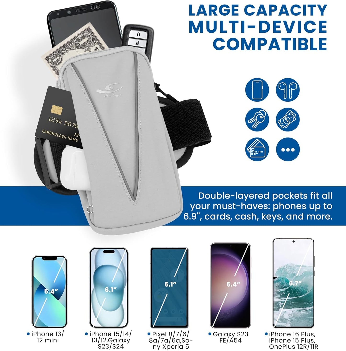 HiRui Cell Phone Holder Arm Bag & Wrist Bag for Phone, Sports Running Armband for Gym & Cycling, Compatible with iPhone 16/16Pro/Plus/15/14 Samsung Galaxy All Phones, Reflective & Adjustable (Gray)