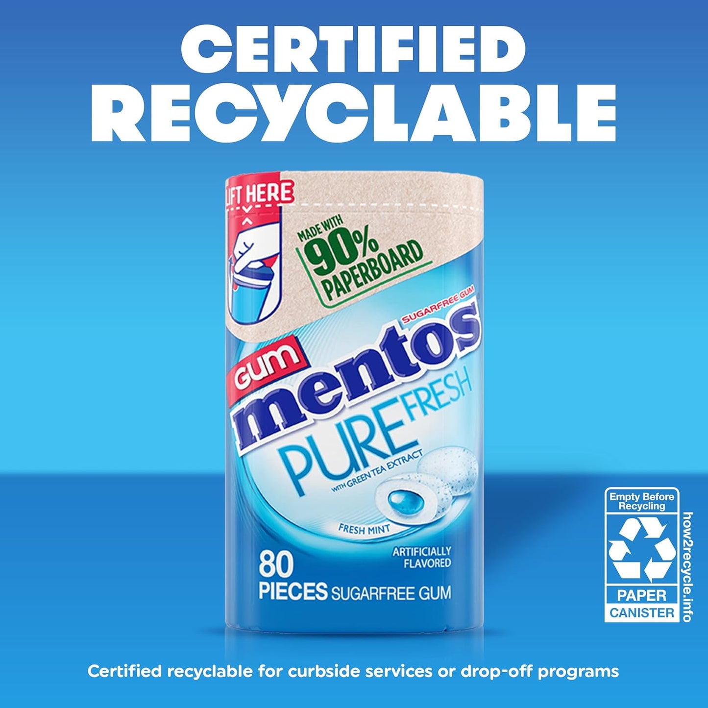 Mentos Pure Fresh Sugar-Free Chewing Gum with Xylitol, Fresh Mint, in a recyclable 90% Paperboard Bottle, 80 Piece (Pack of 4)