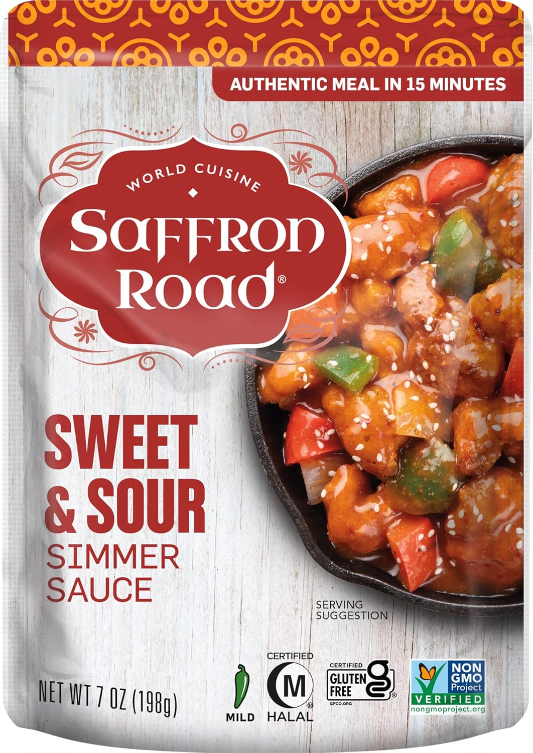Saffron Road Sweet and Sour Simmer Sauce | Globally Inspired Simmer Sauce | Gluten-free, Vegan, Non-GMO, and Certified Halal and Kosher | 7.0oz Pouch | Pack of 8
