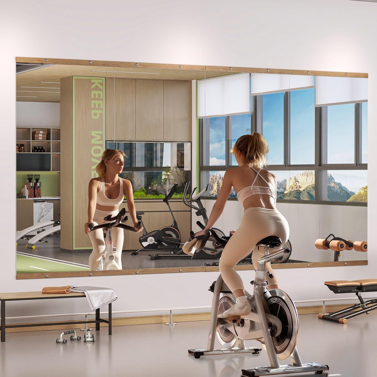 Hasipu 2Pcs 63''x28'' Home Gym Mirror Large Full Length Wall Mounted Full Body Mirror for Yoga Dance Fitness Exercise Studio Bedroom Garage, Frameless Tempered Glass Workout Mirrors Walnut Rectangular