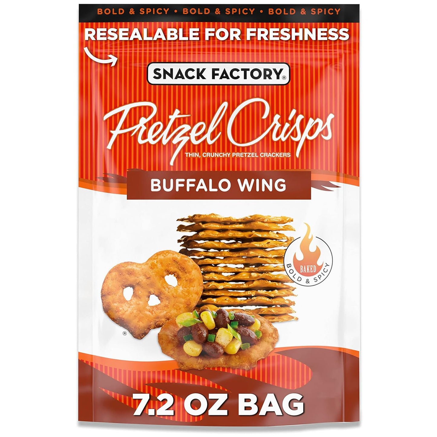 Snack Factory Buffalo Wing Pretzel Crisps, Non-GMO, 7.2 OZ Resealable Bag